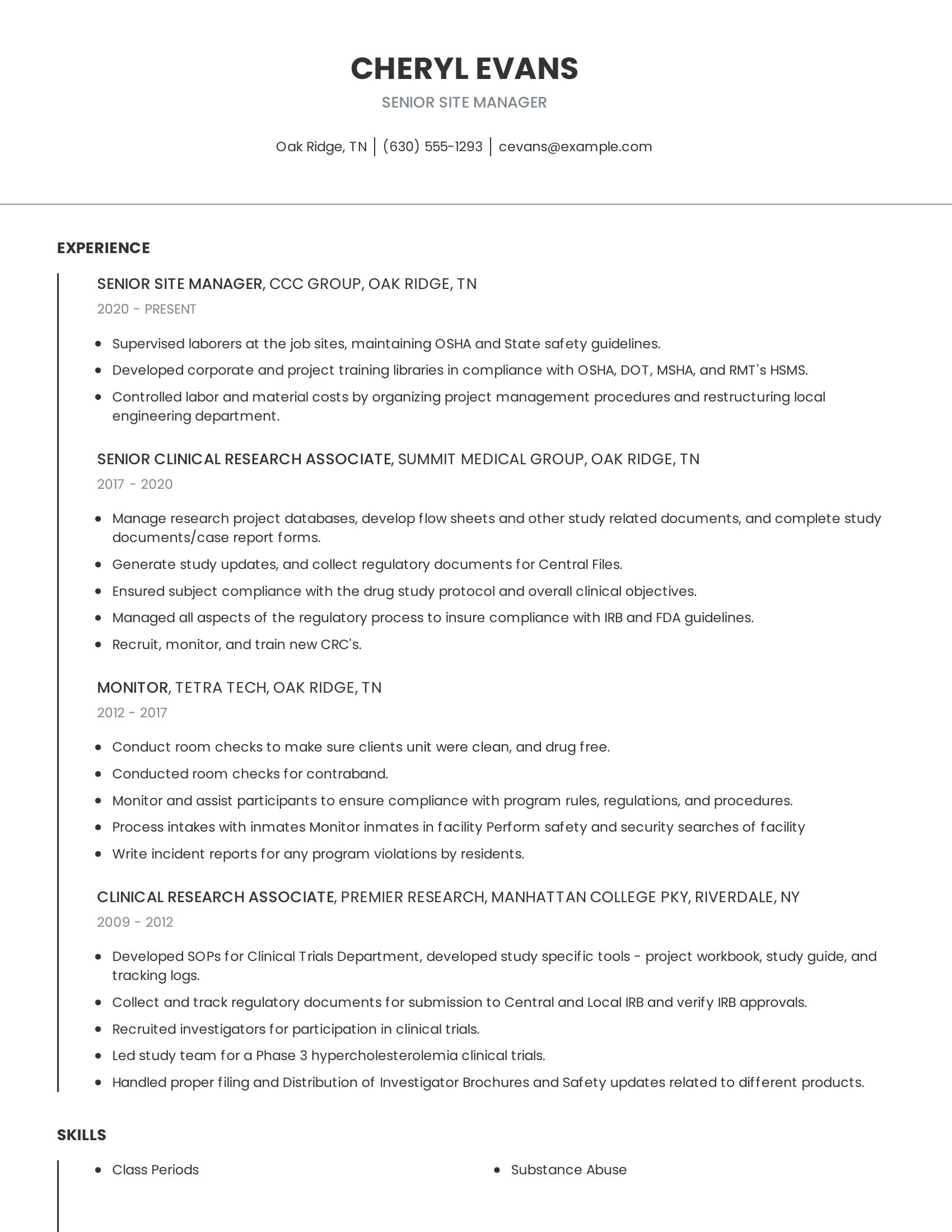 Senior Site Manager resume example