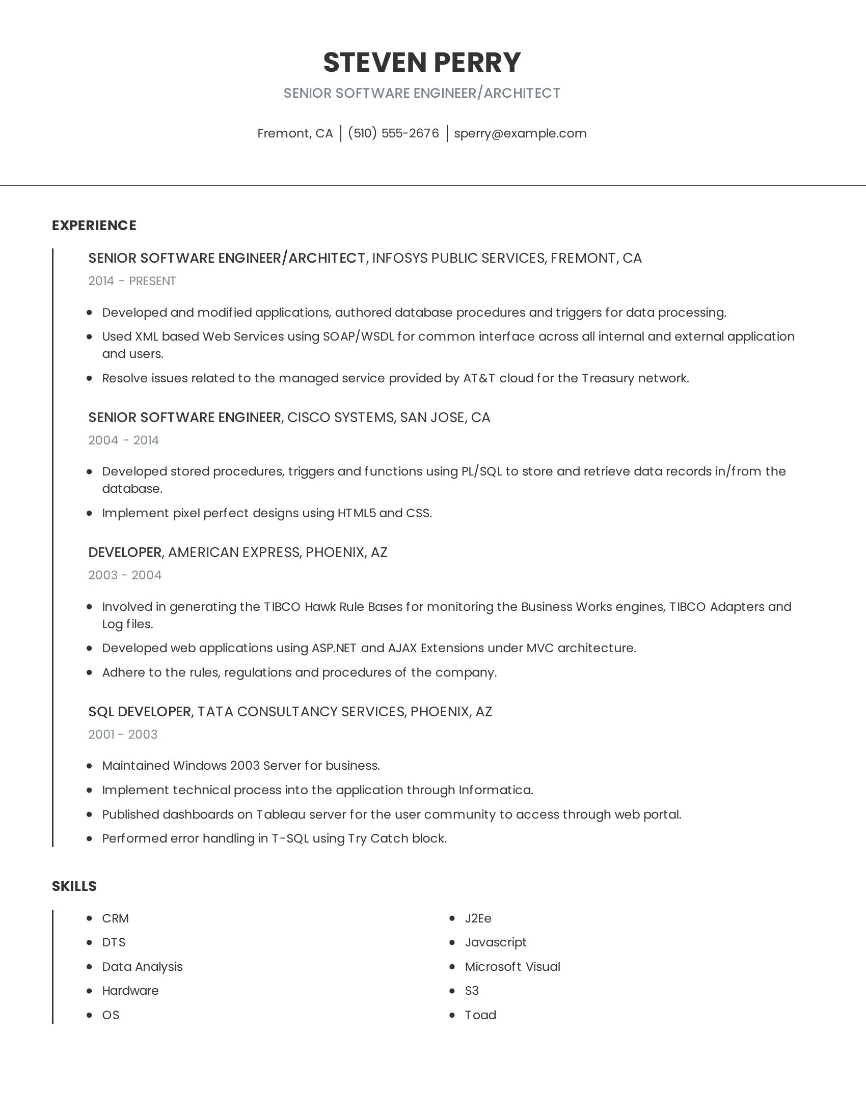 Senior Software Engineer/Architect resume example