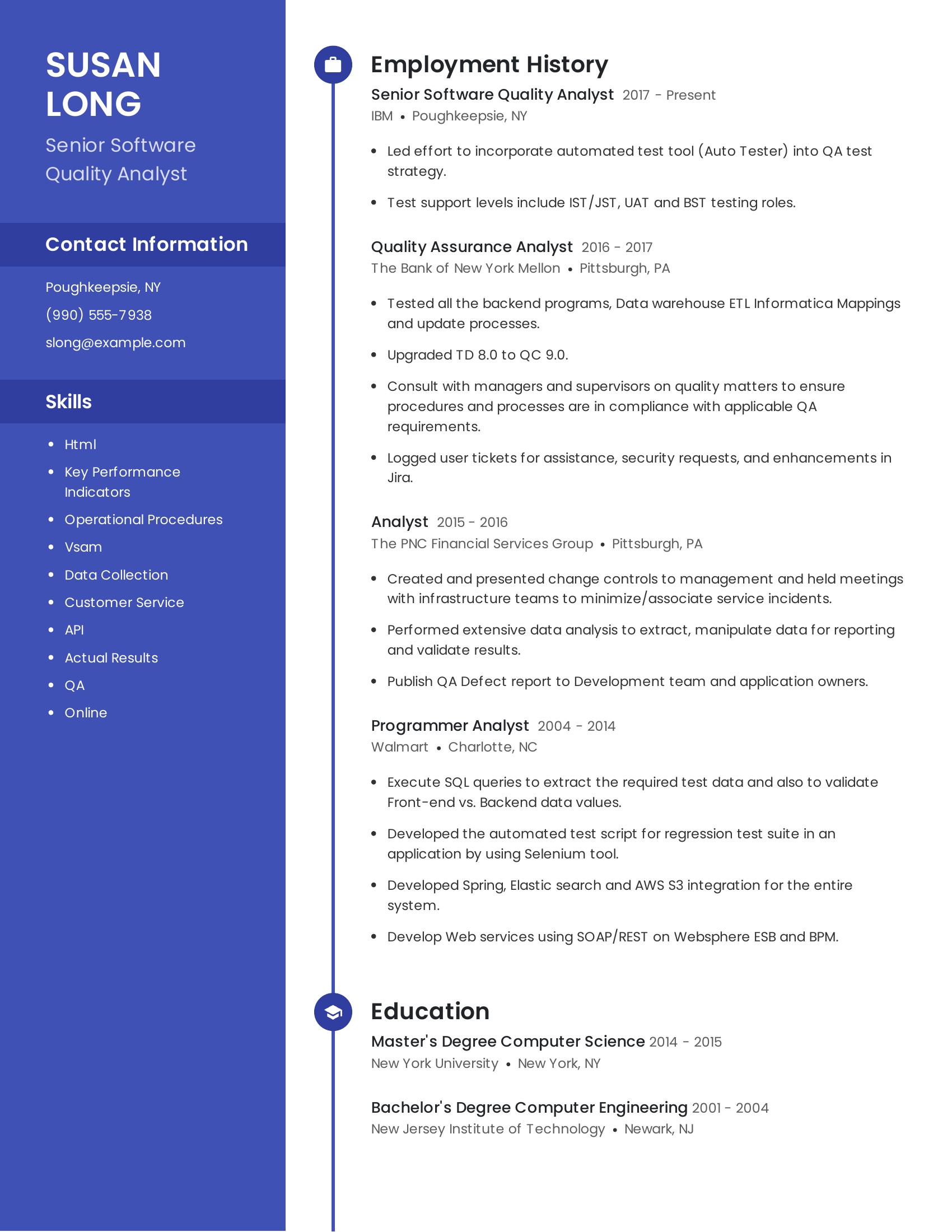 Senior Software Quality Analyst resume example