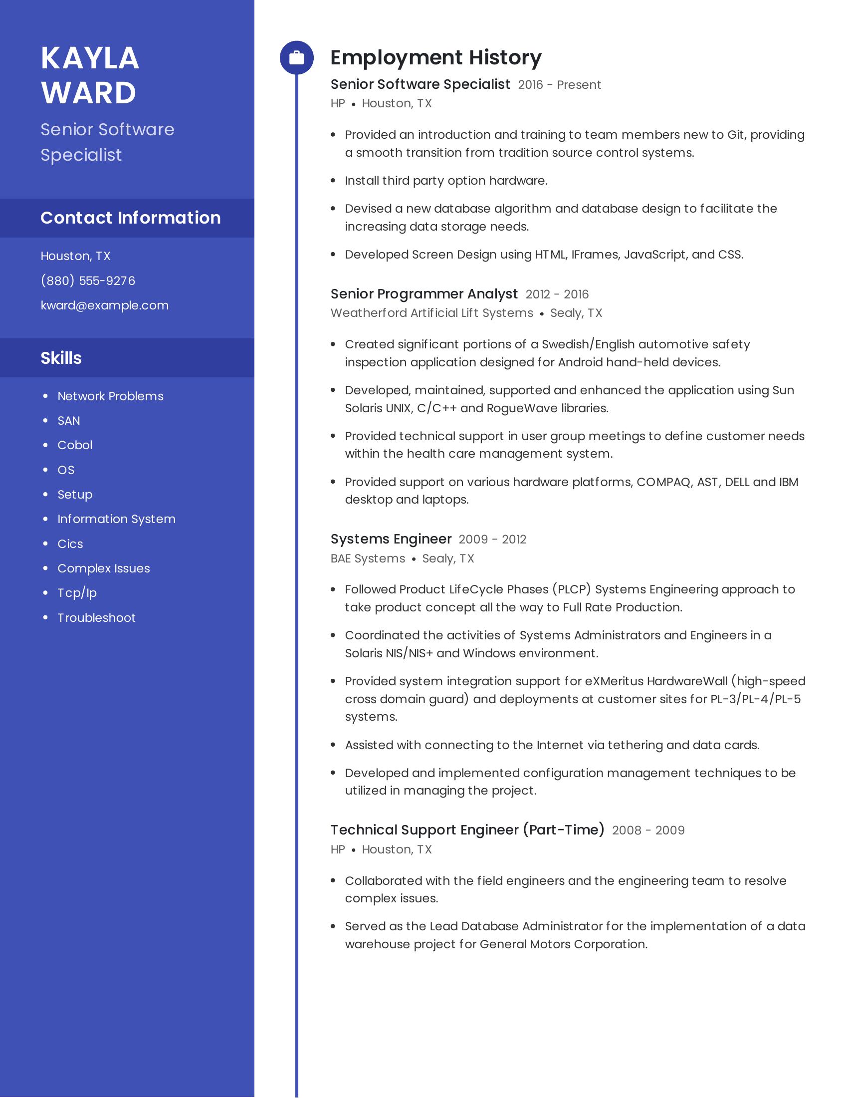 Senior Software Specialist resume example