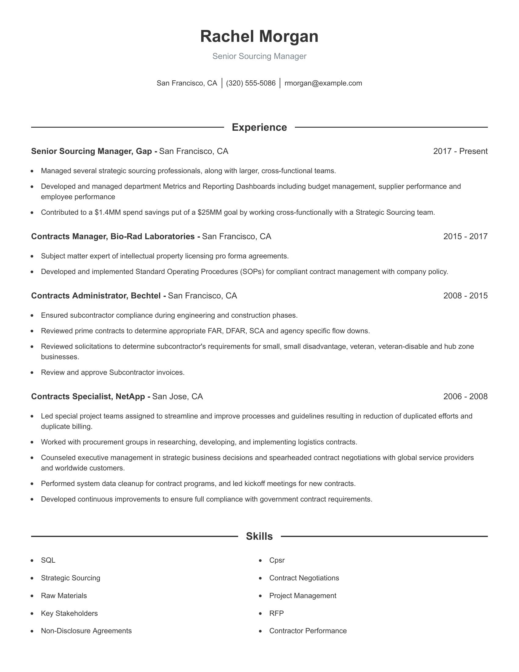 Senior Sourcing Manager resume example