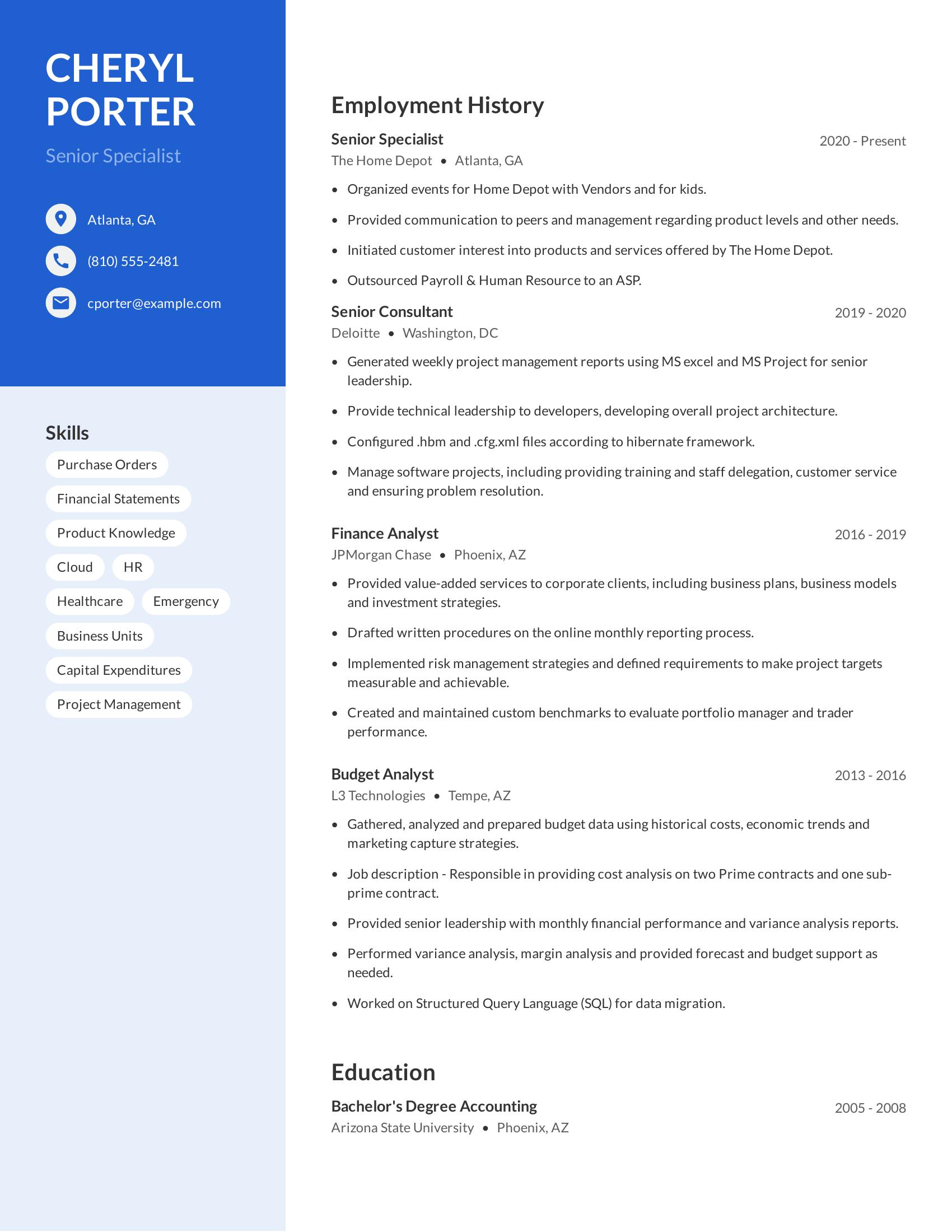 Senior Specialist resume example