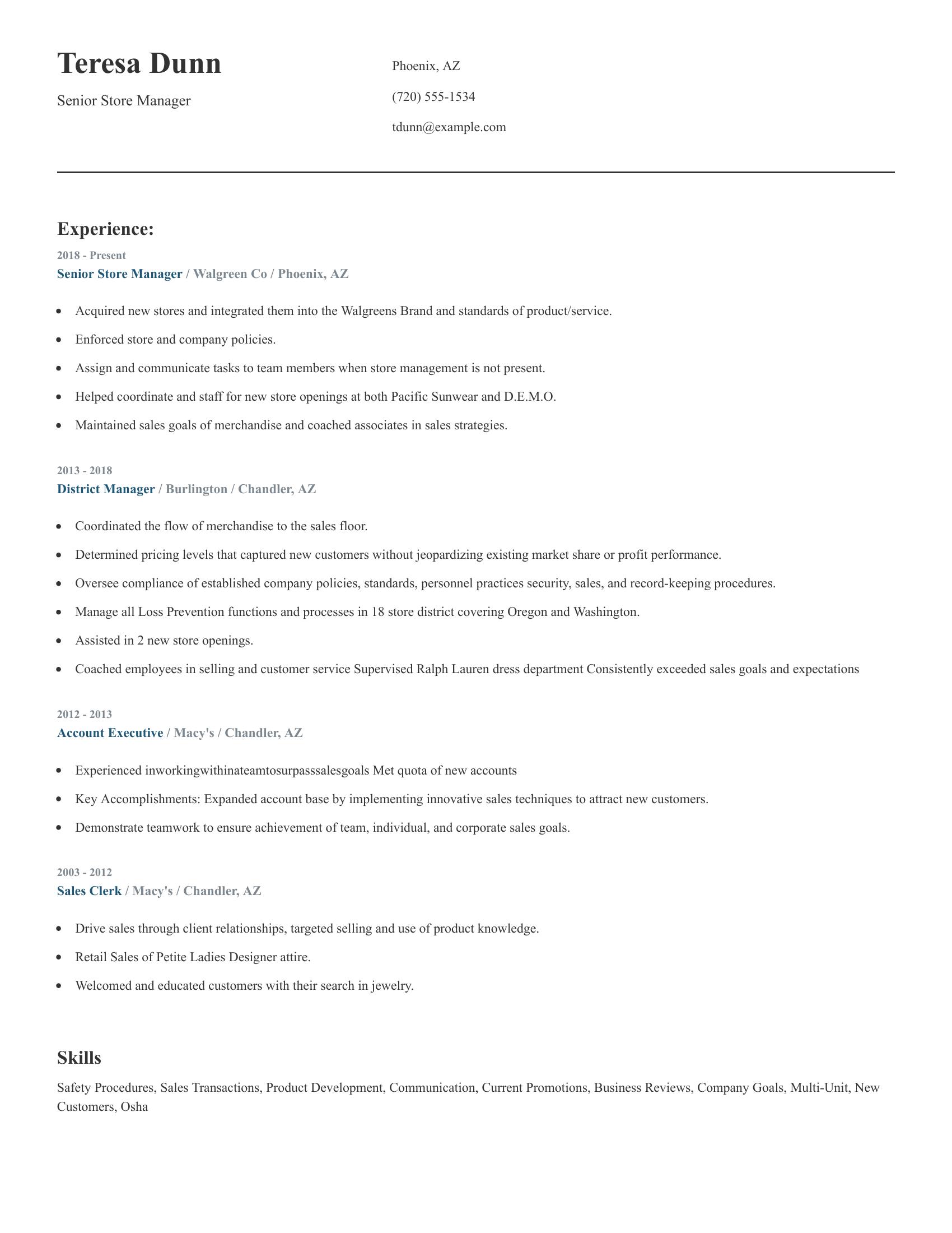 Senior Store Manager resume example