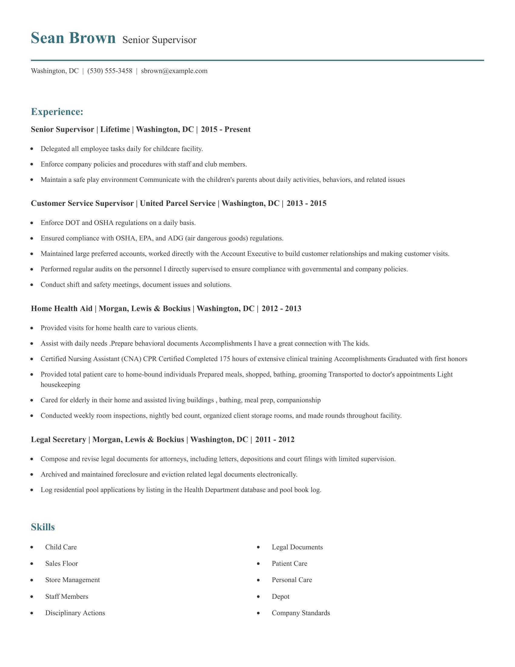 Senior Supervisor resume example