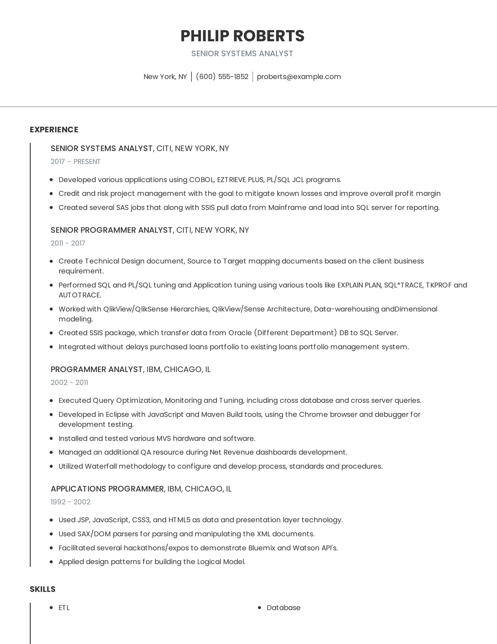 Senior Systems Analyst resume example