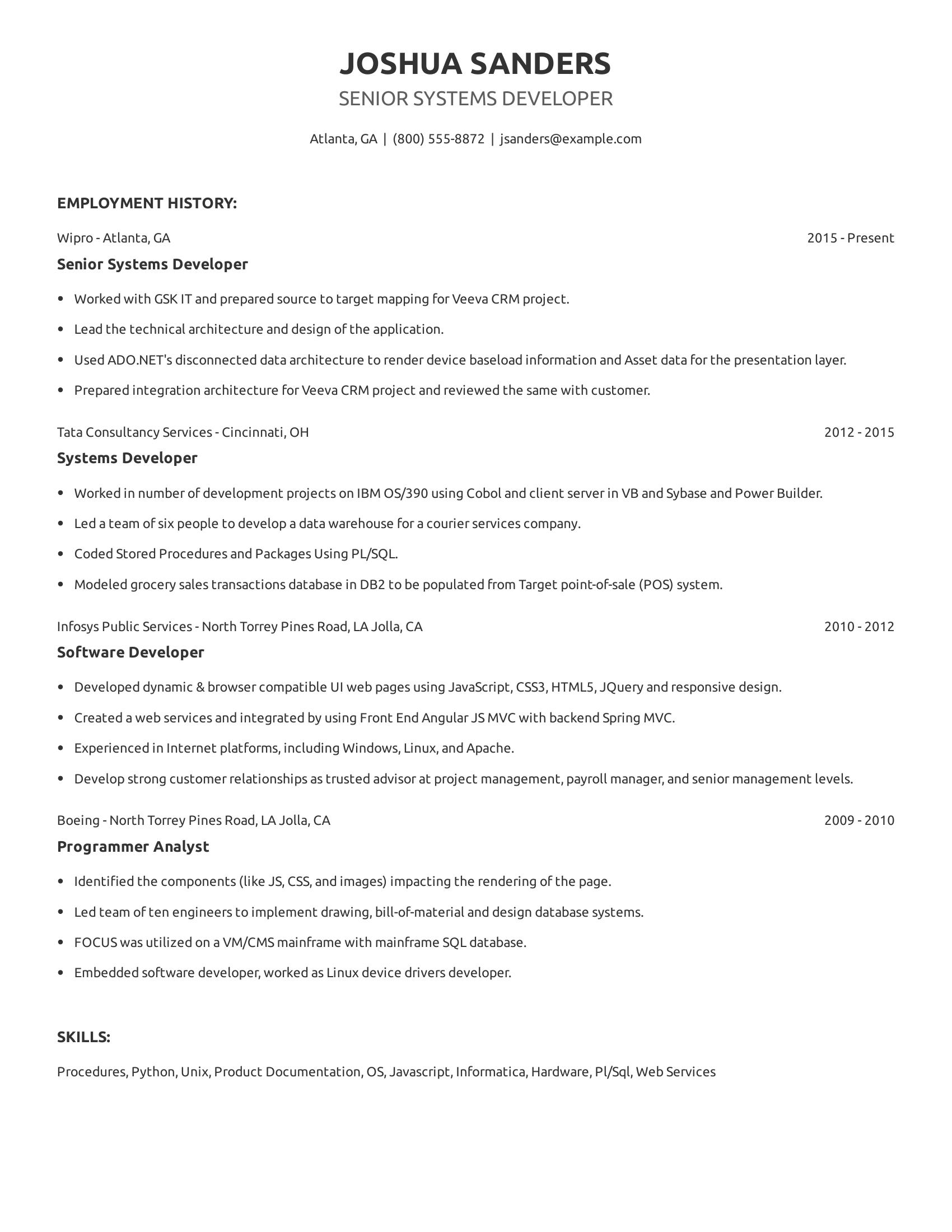 Senior Systems Developer resume example