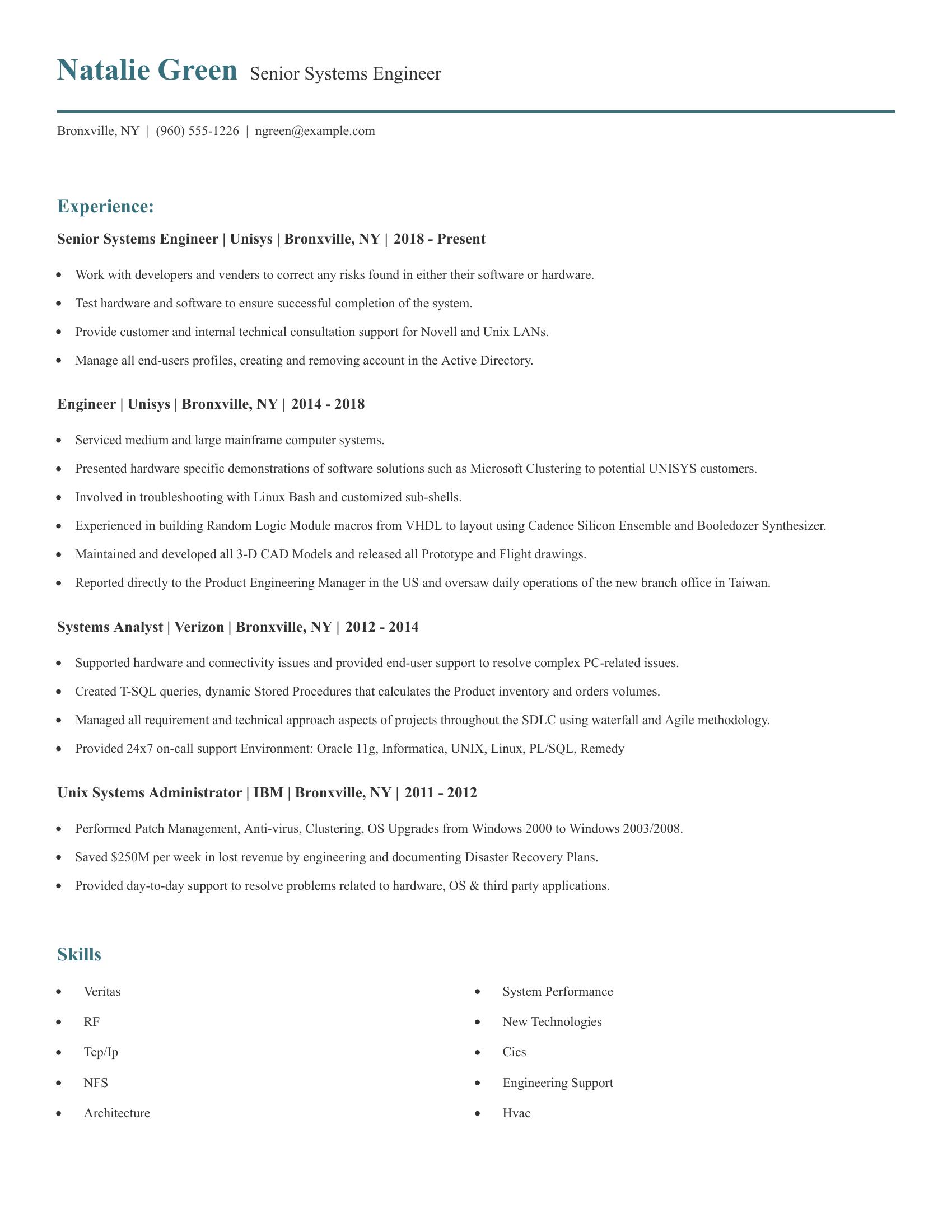 Senior Systems Engineer resume example