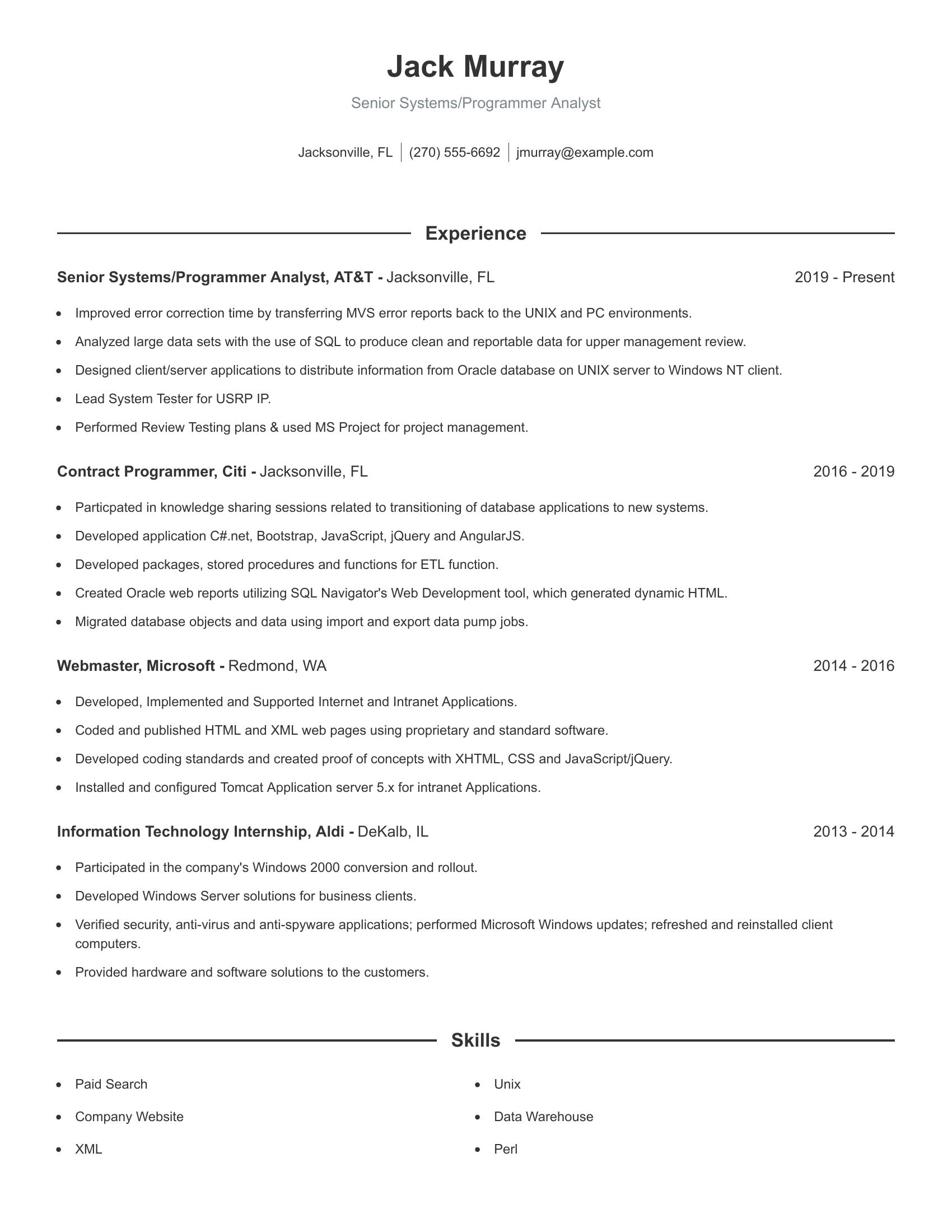 Senior Systems/Programmer Analyst resume example