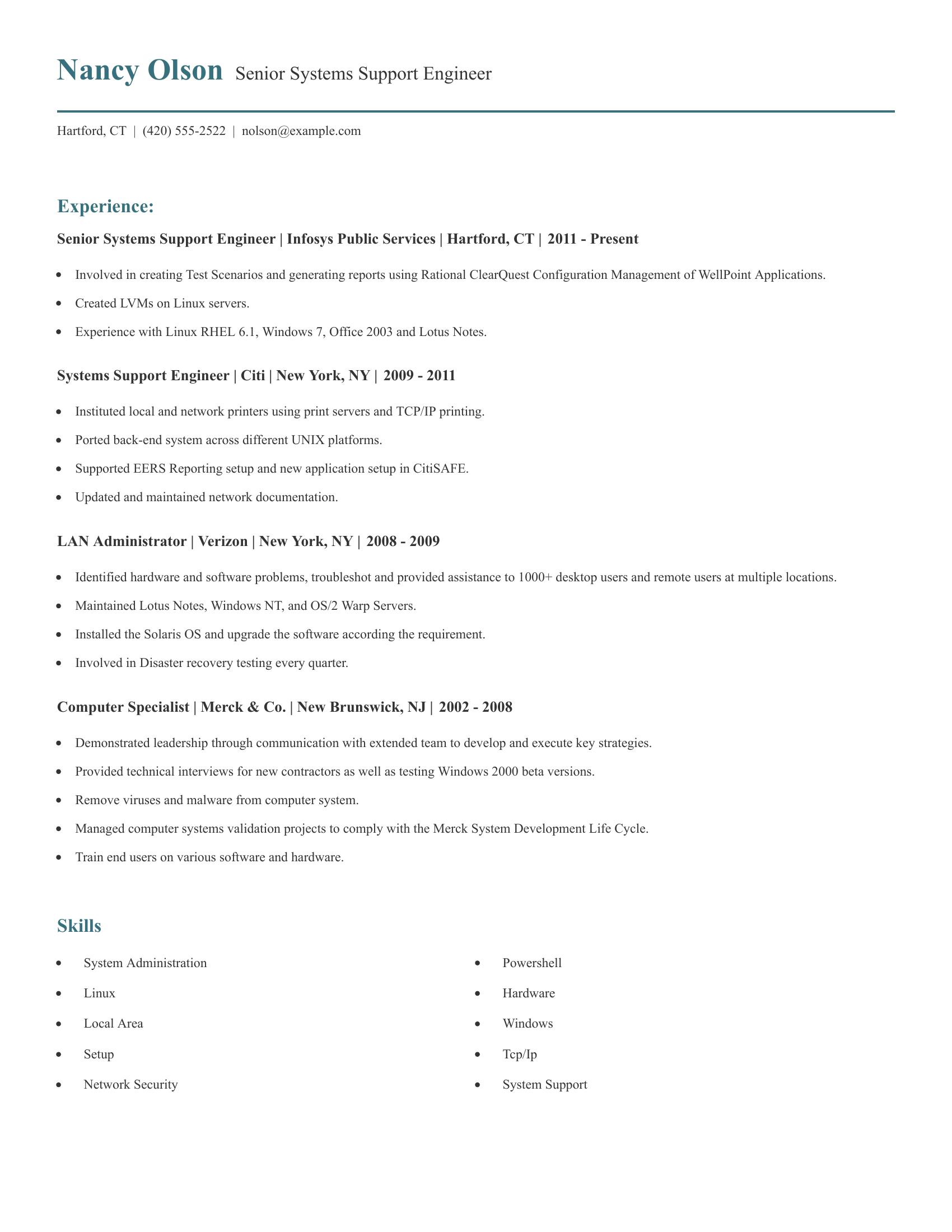 Senior Systems Support Engineer resume example