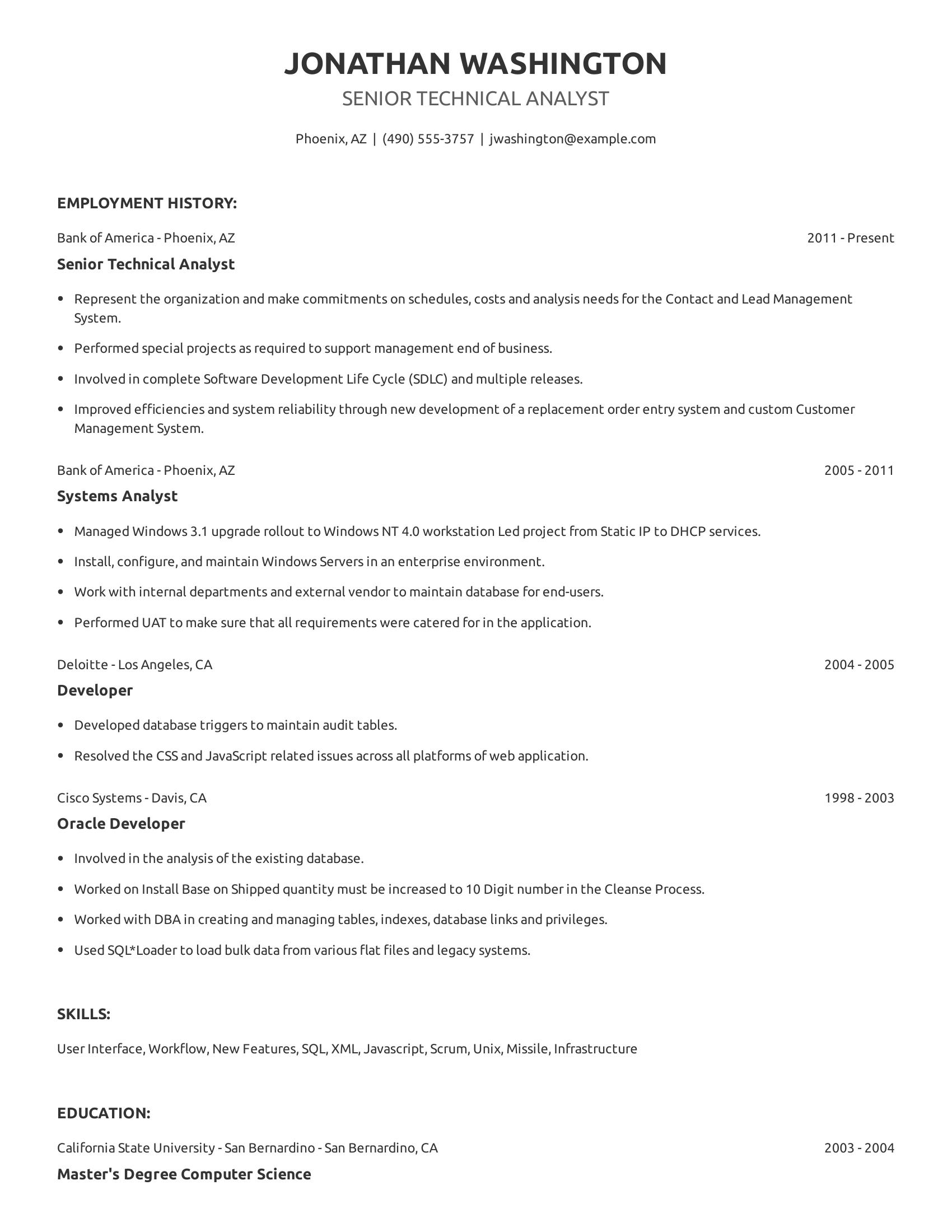 Senior Technical Analyst resume example