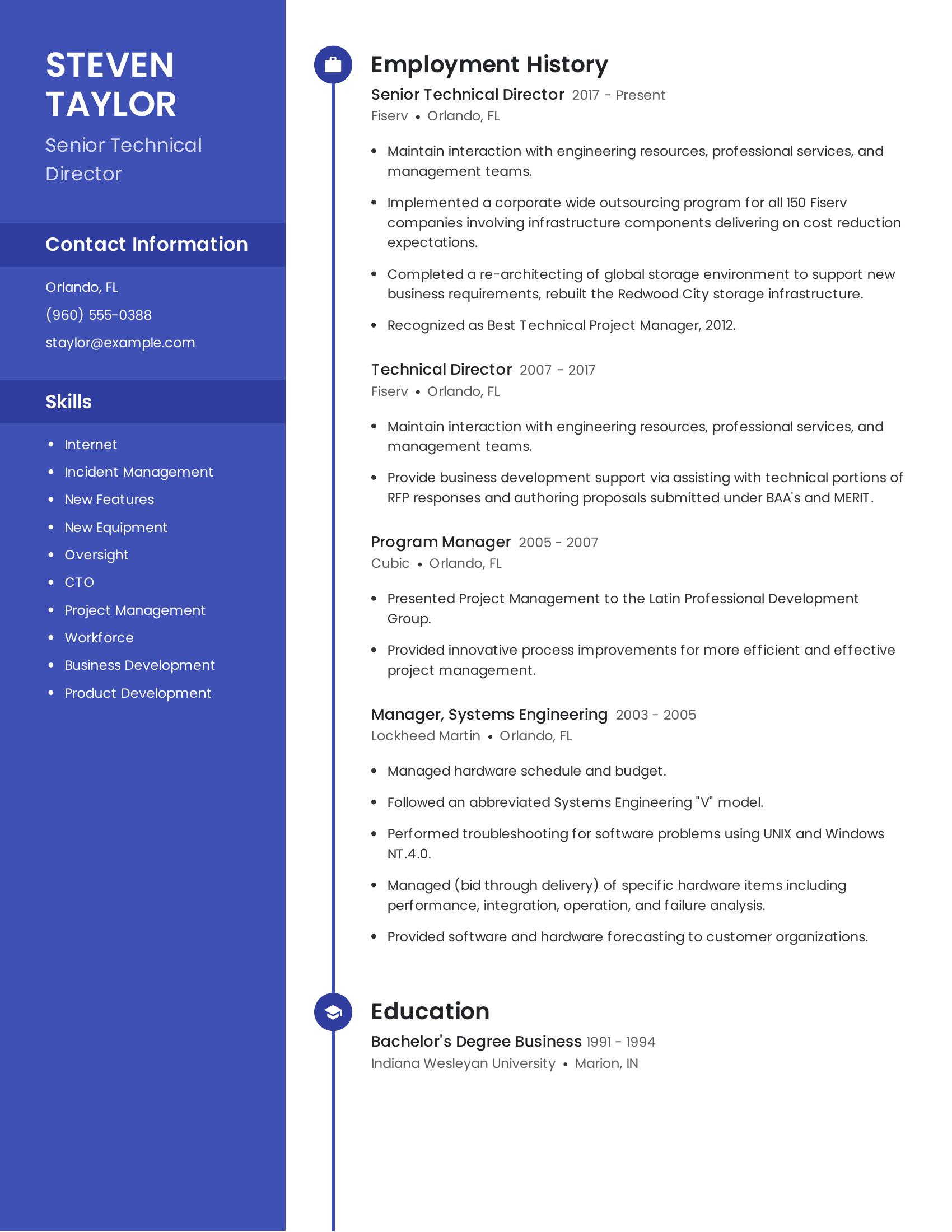 Senior Technical Director resume example