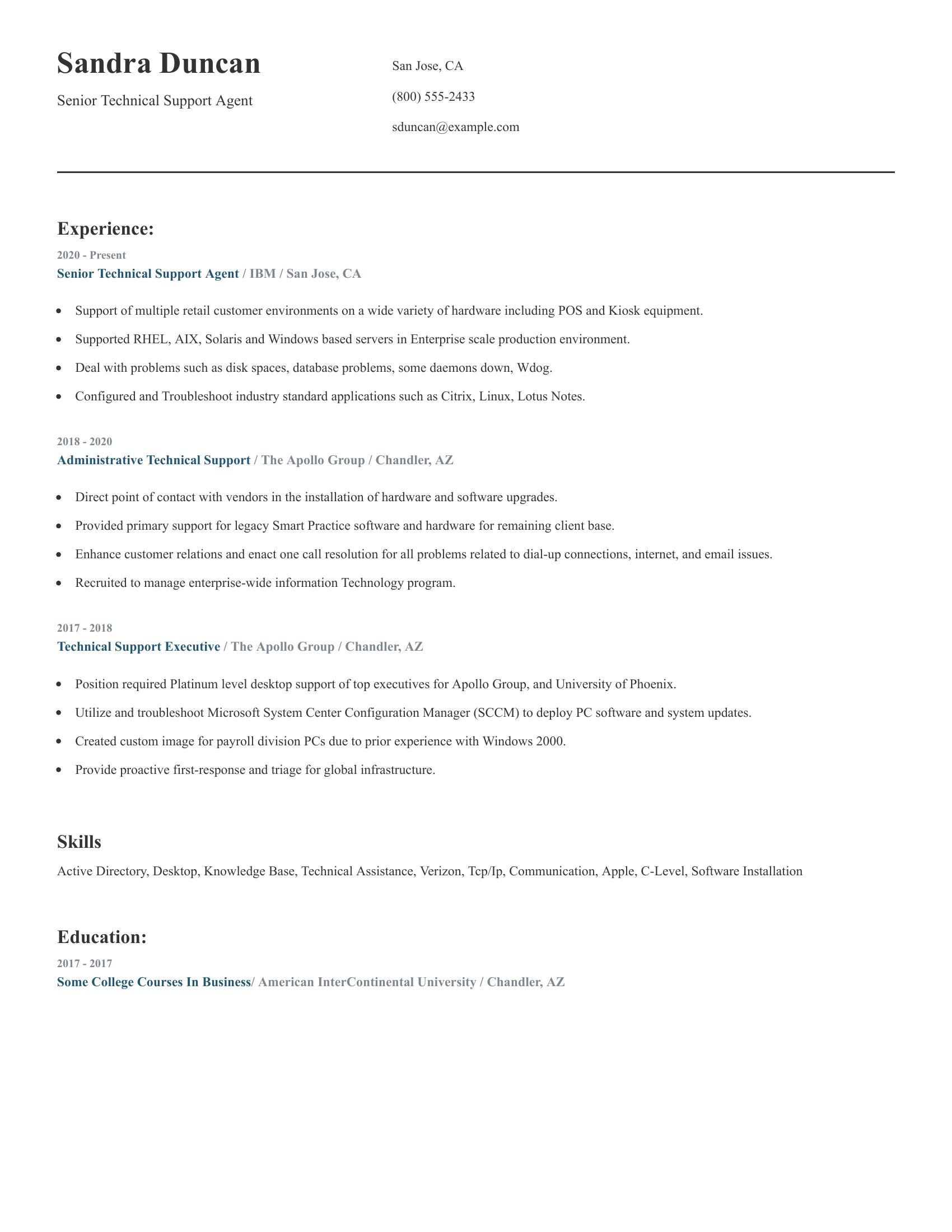 Senior Technical Support Agent resume example