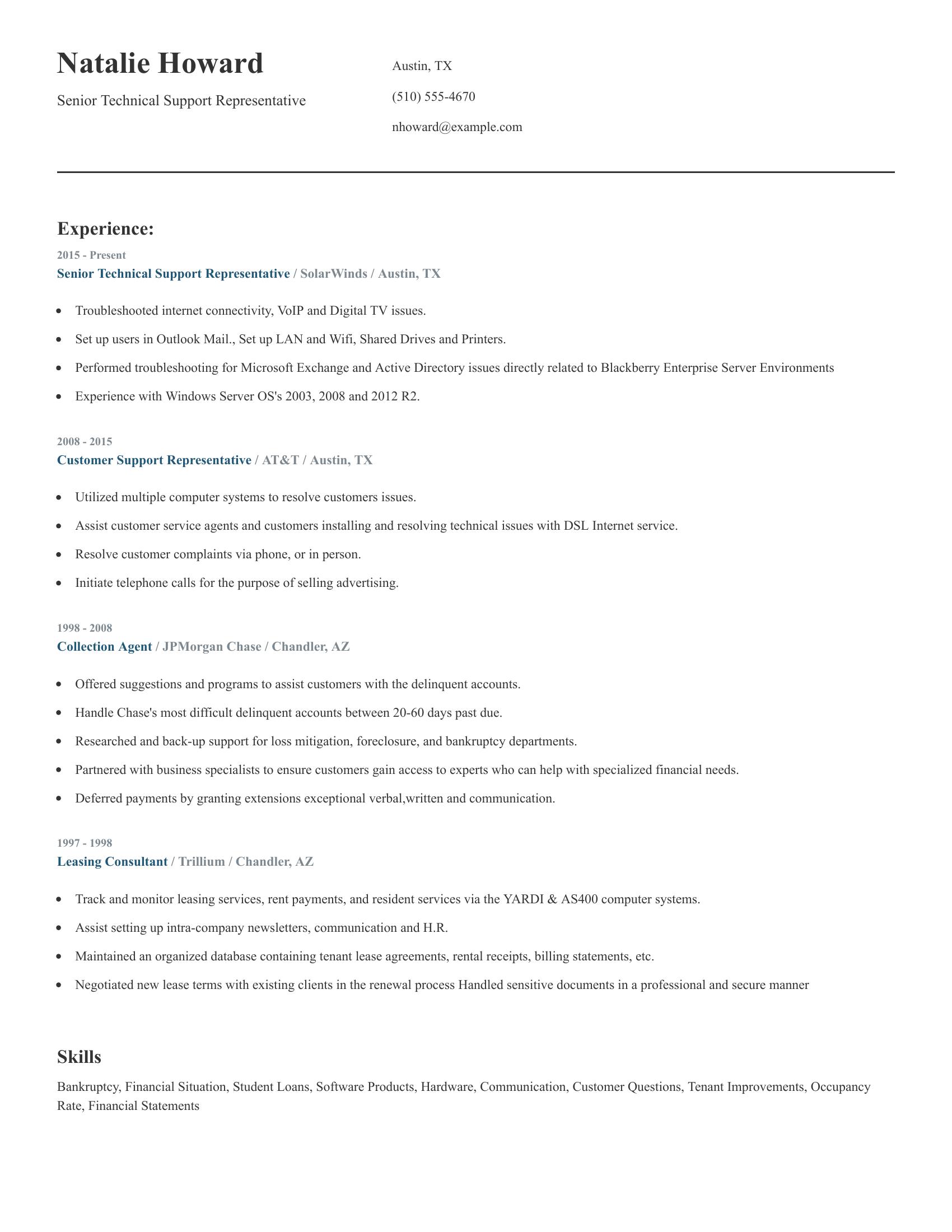 Senior Technical Support Representative resume example