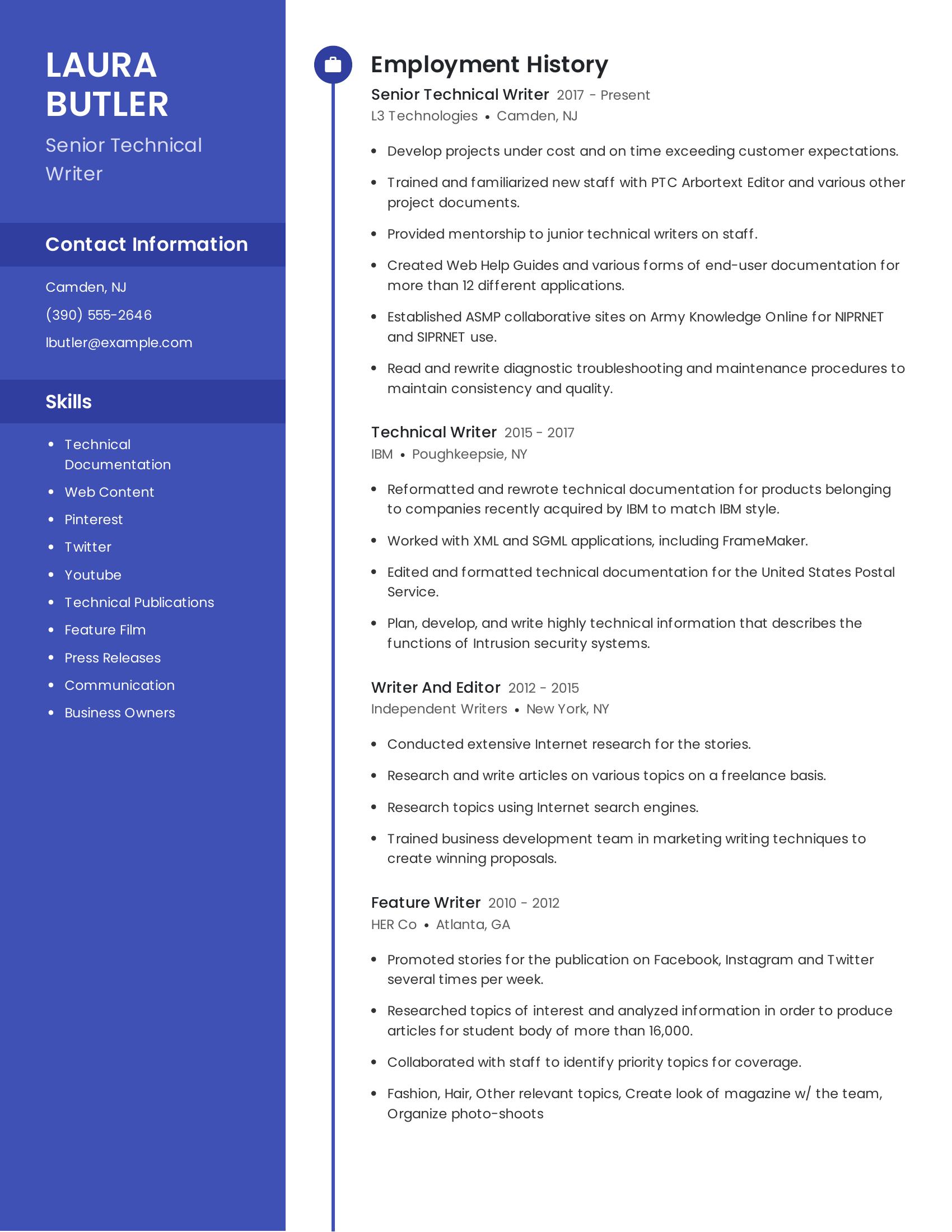 Senior Technical Writer resume example