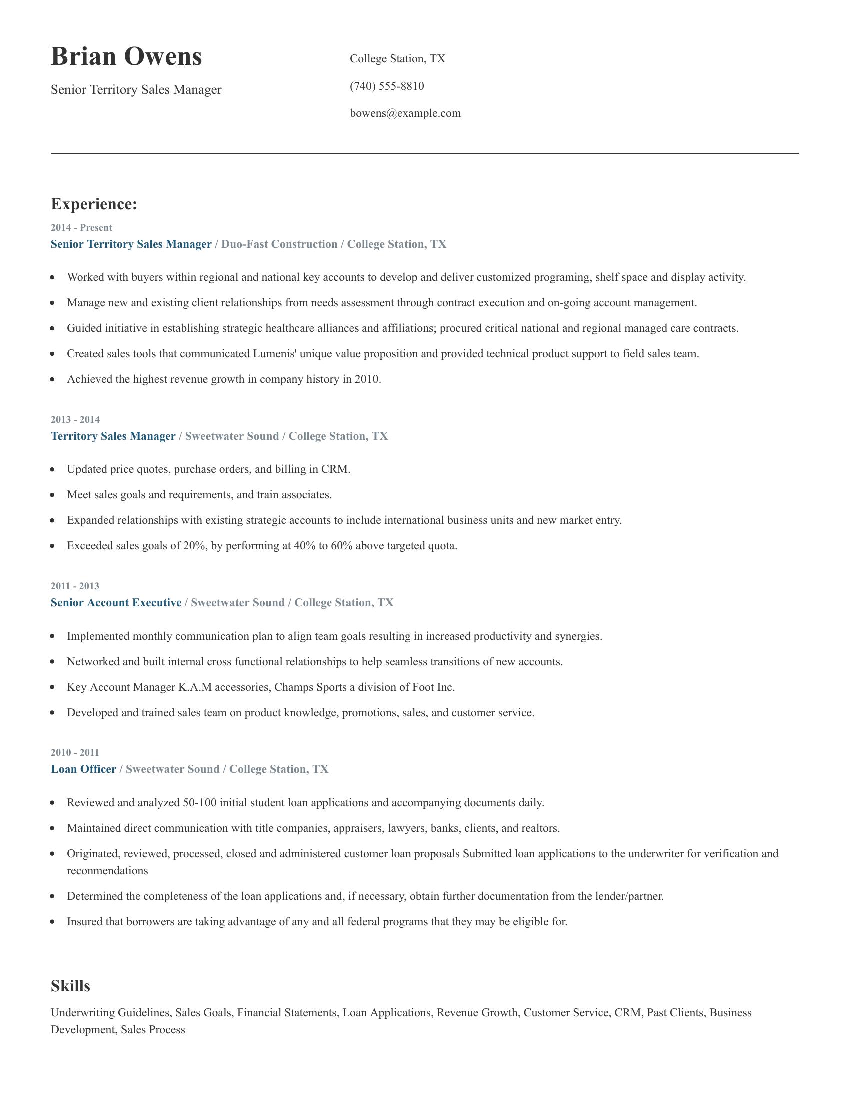 Senior Territory Sales Manager resume example