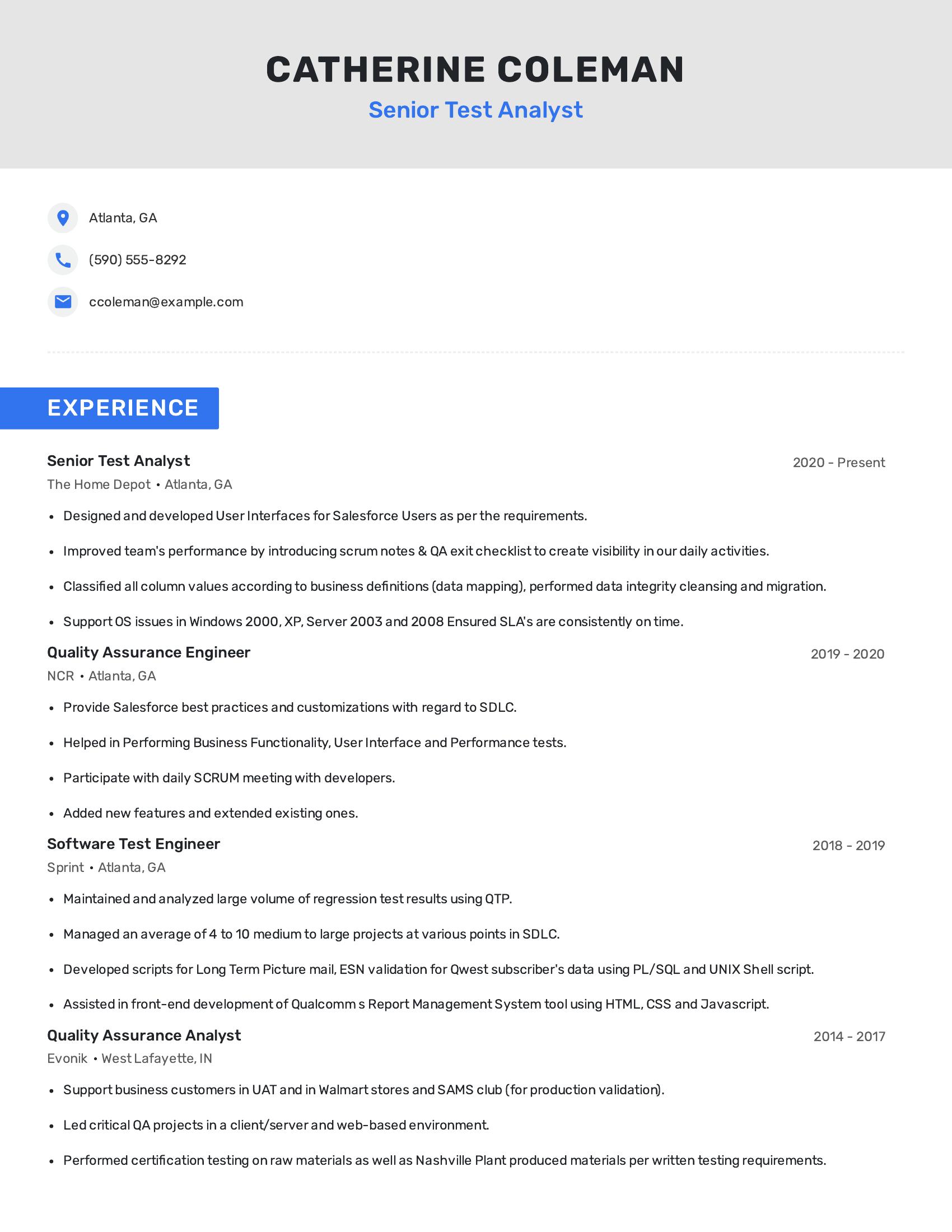 Senior Test Analyst resume example