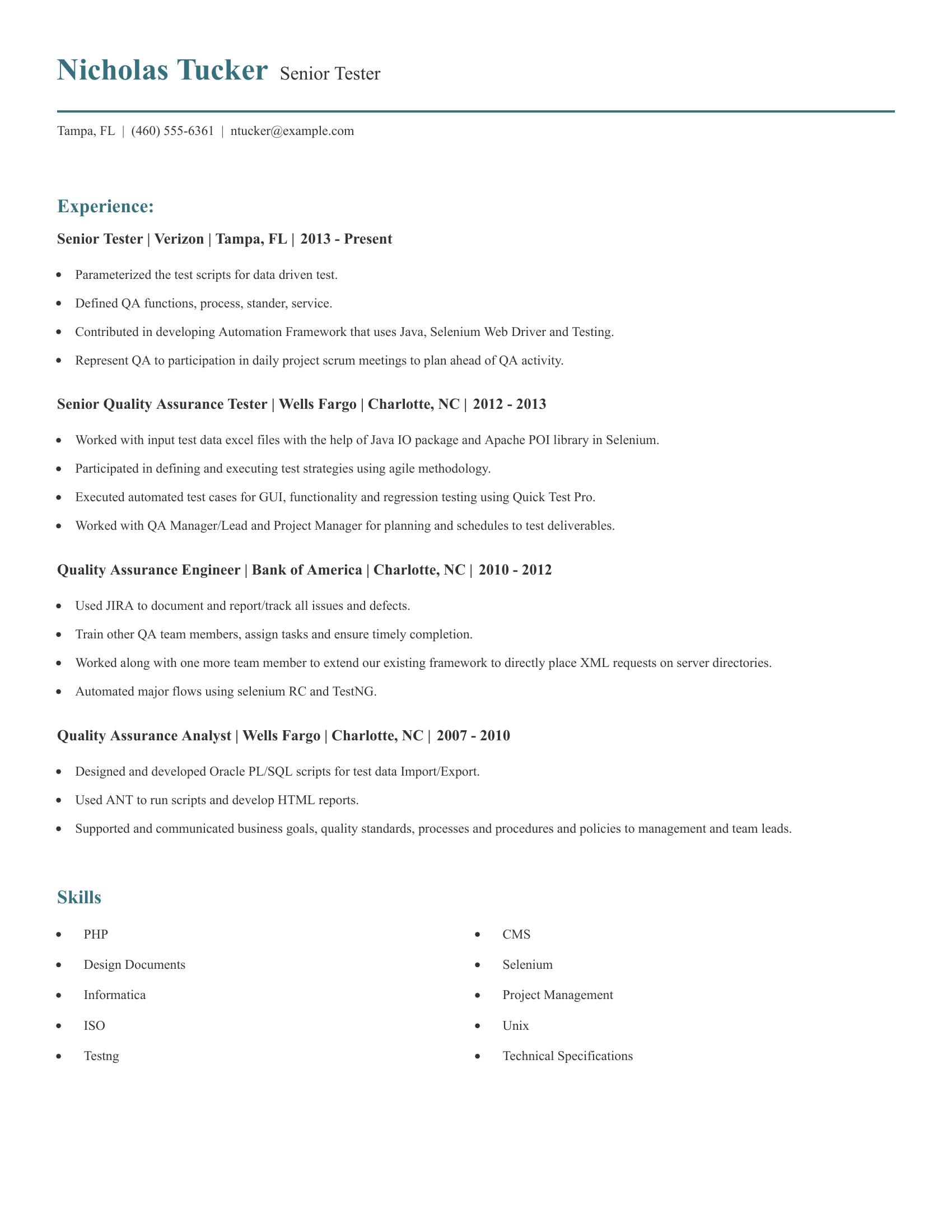 Senior Tester resume example