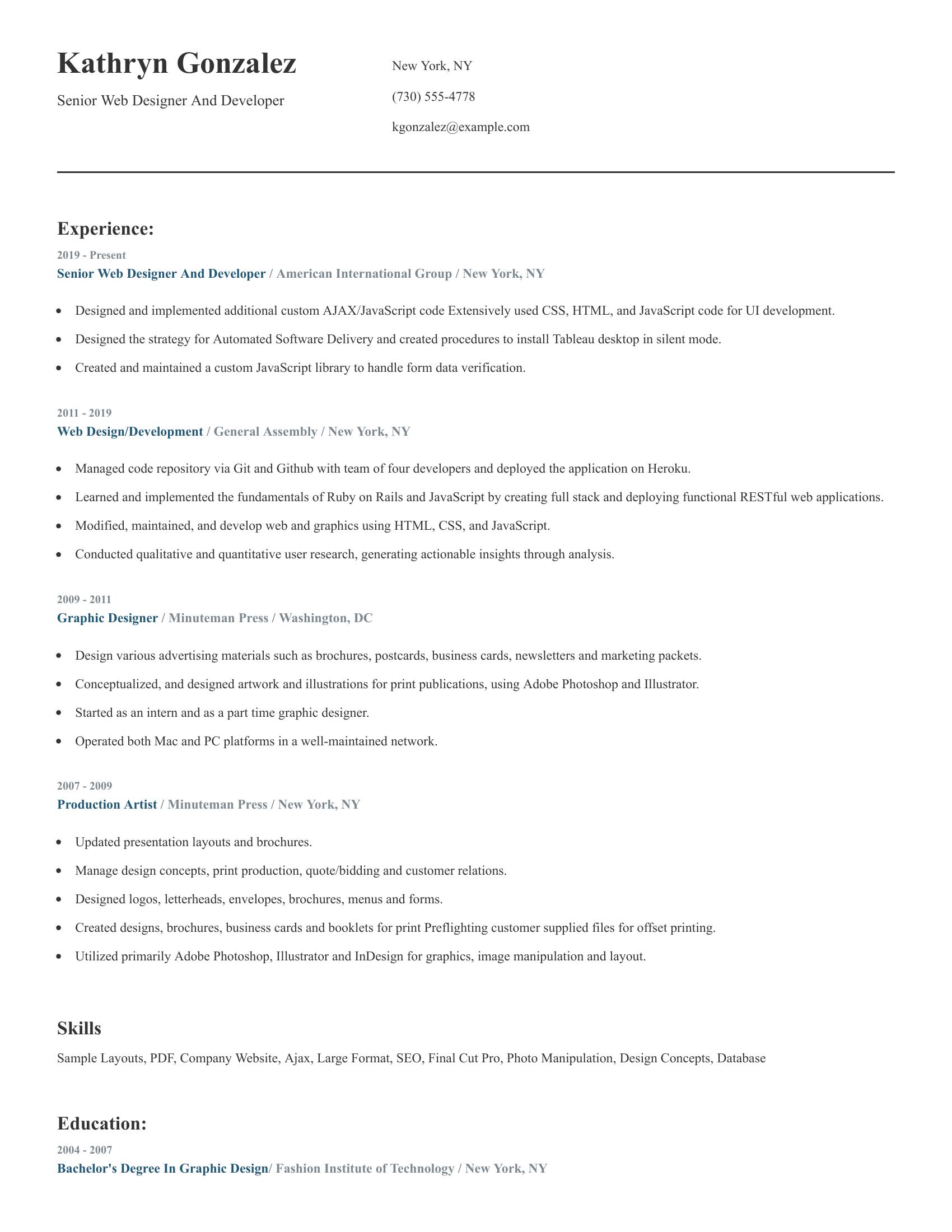 Senior Web Designer And Developer resume example