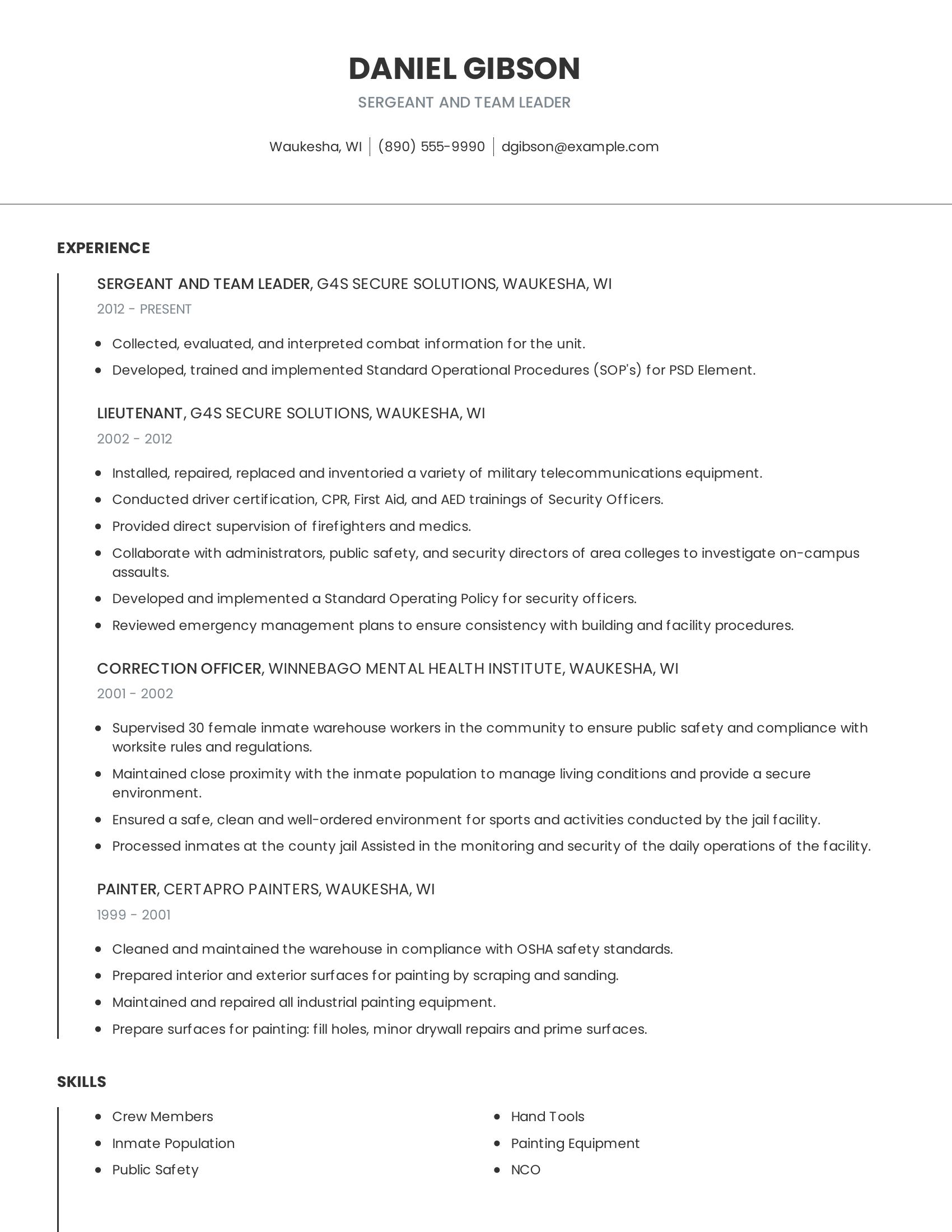 Sergeant And Team Leader resume example