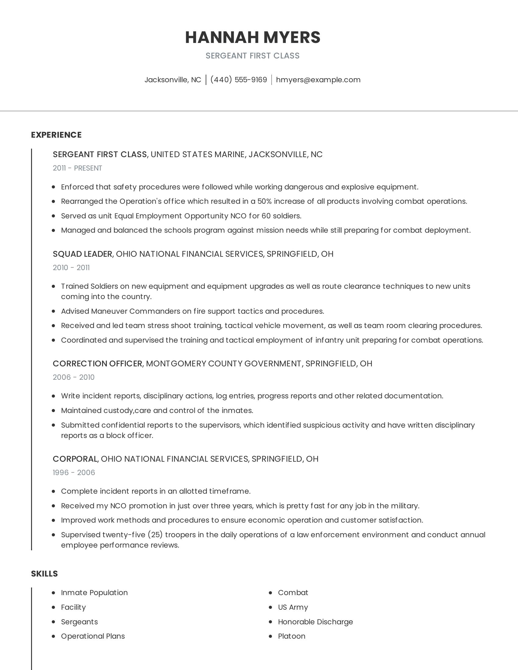 Sergeant First Class resume example