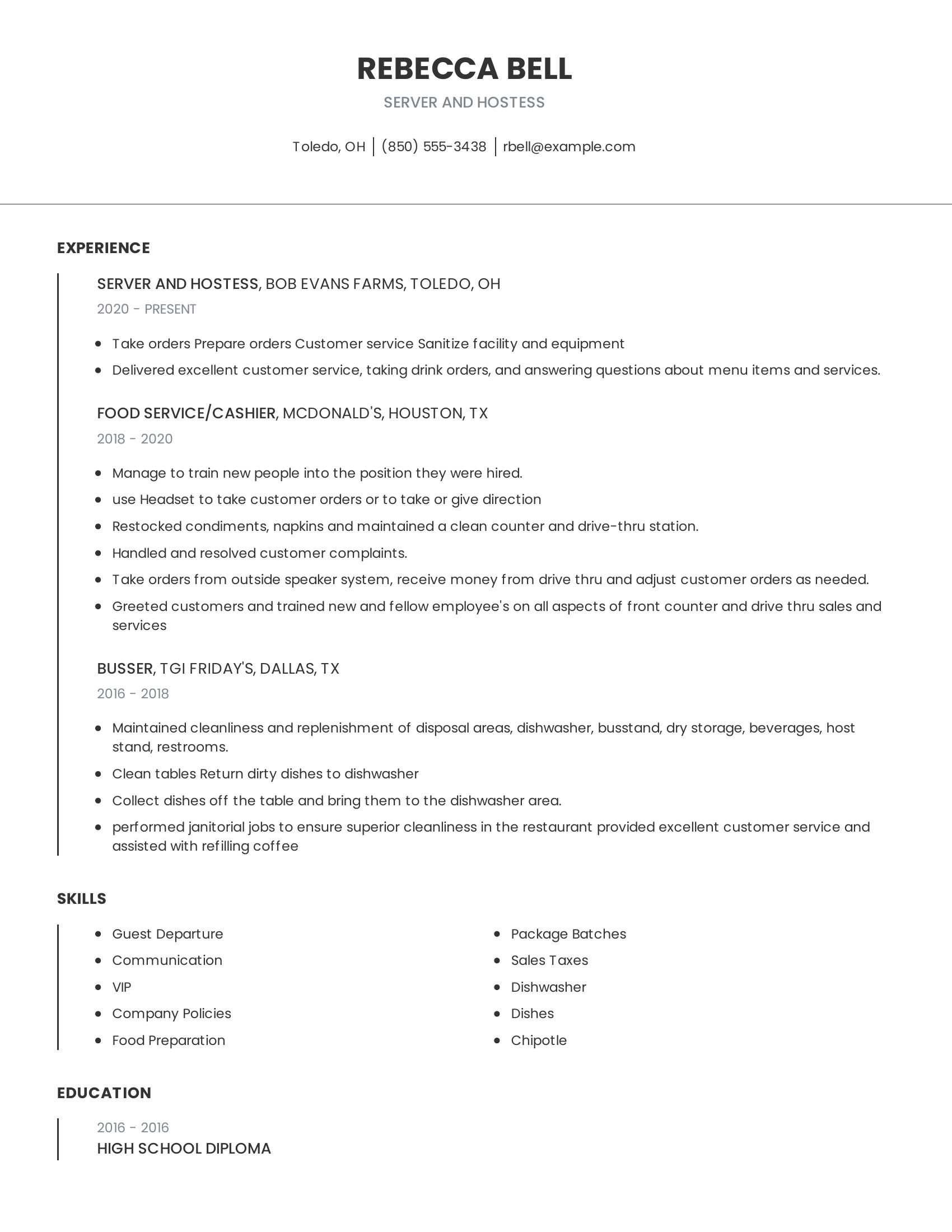 Server And Hostess resume example