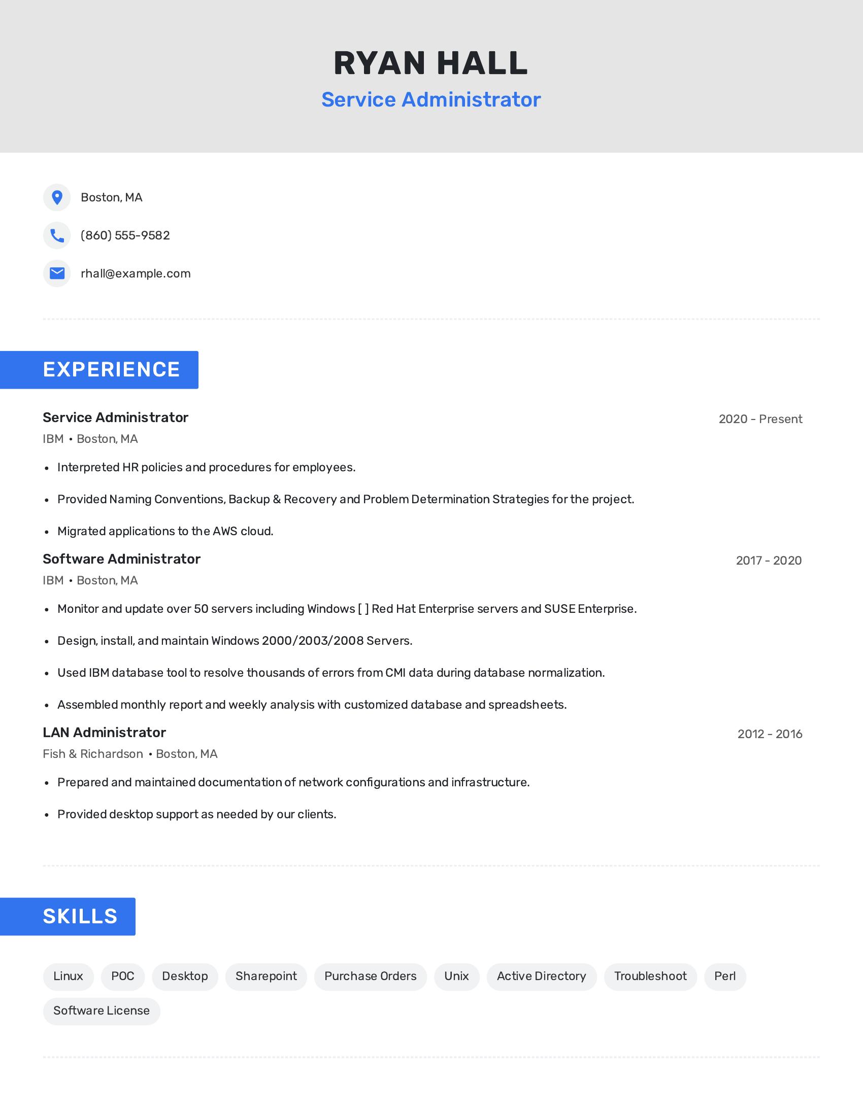 Service Administrator resume example