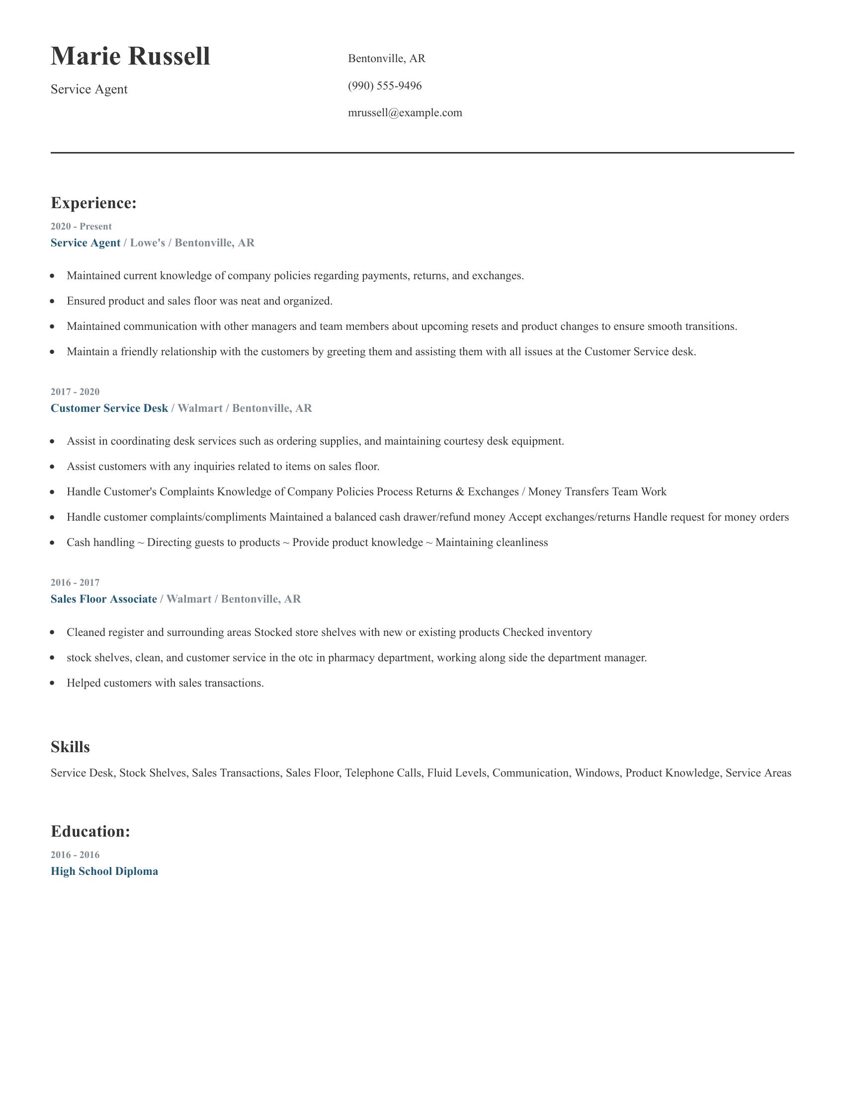 Service Agent resume example