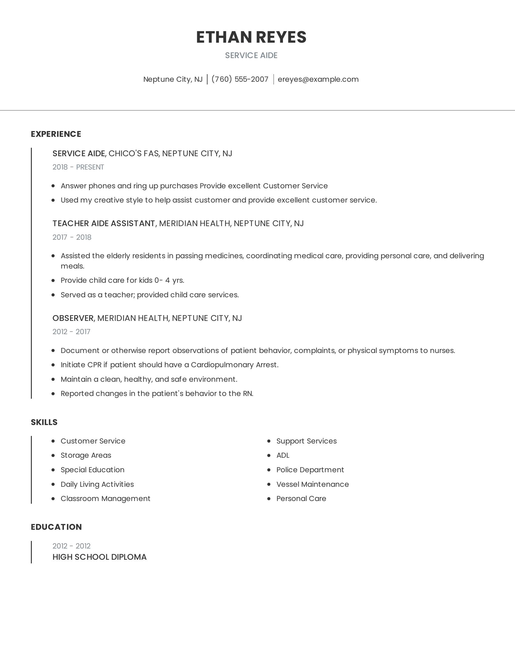 Service Aide resume example