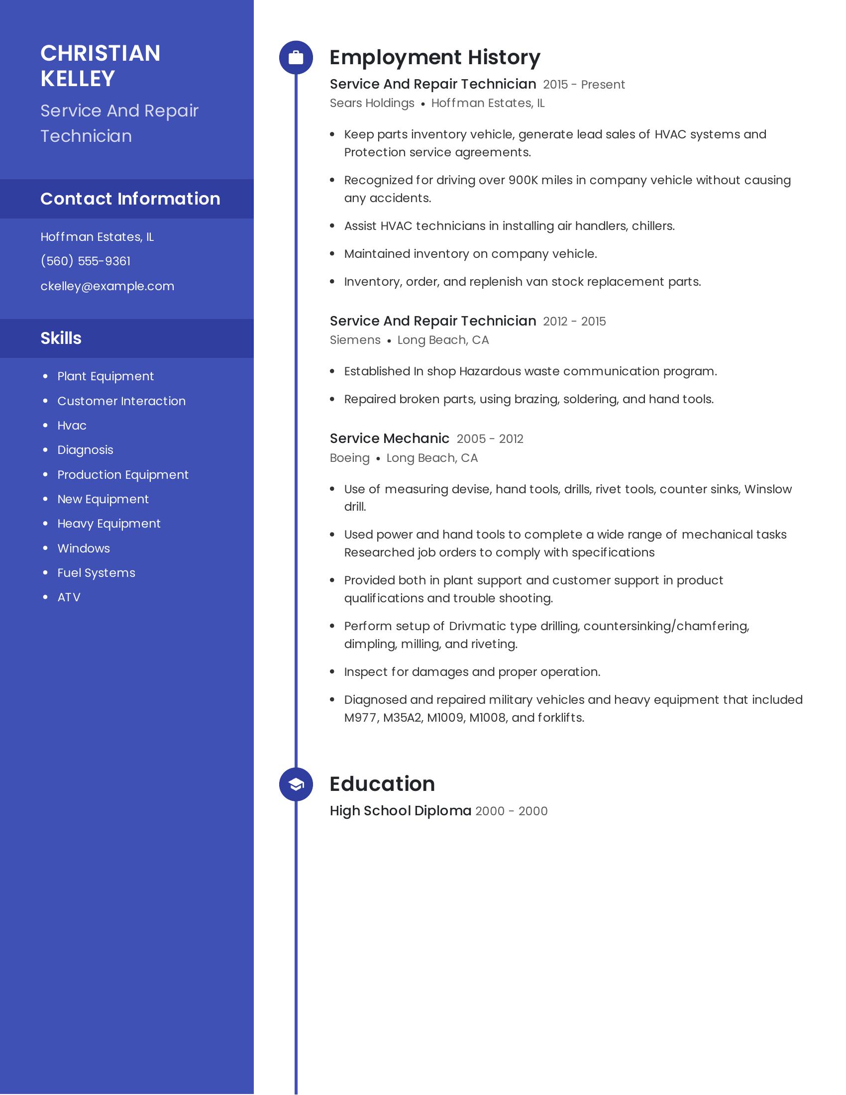 Service And Repair Technician resume example