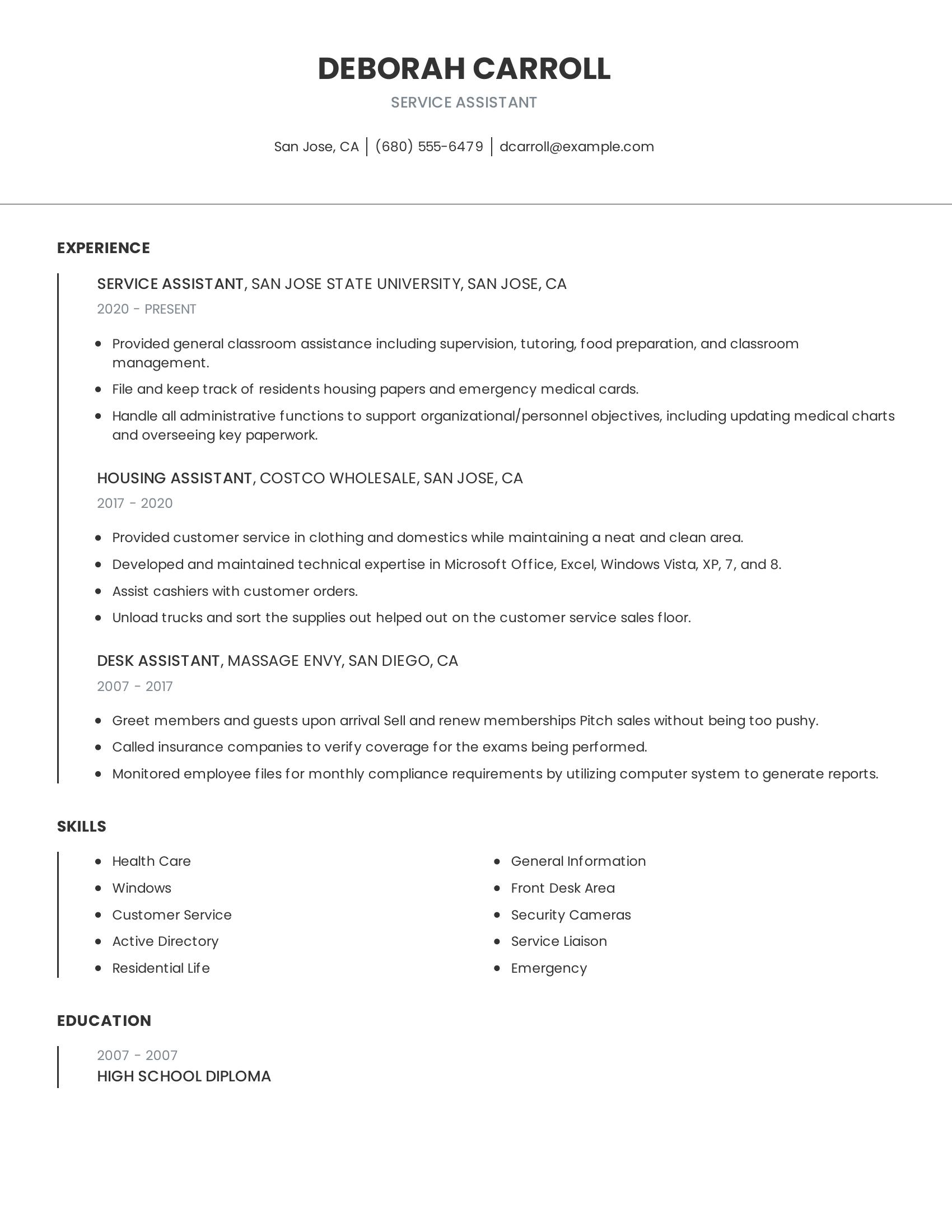 Service Assistant resume example