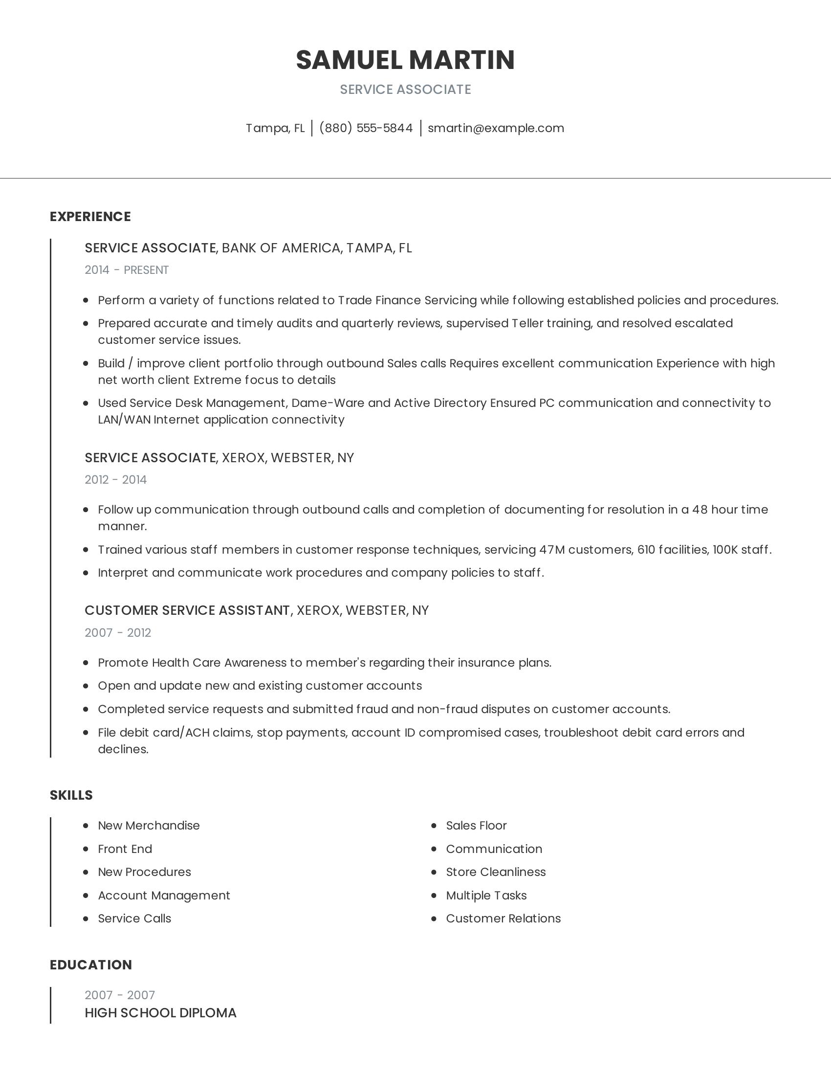 Service Associate resume example