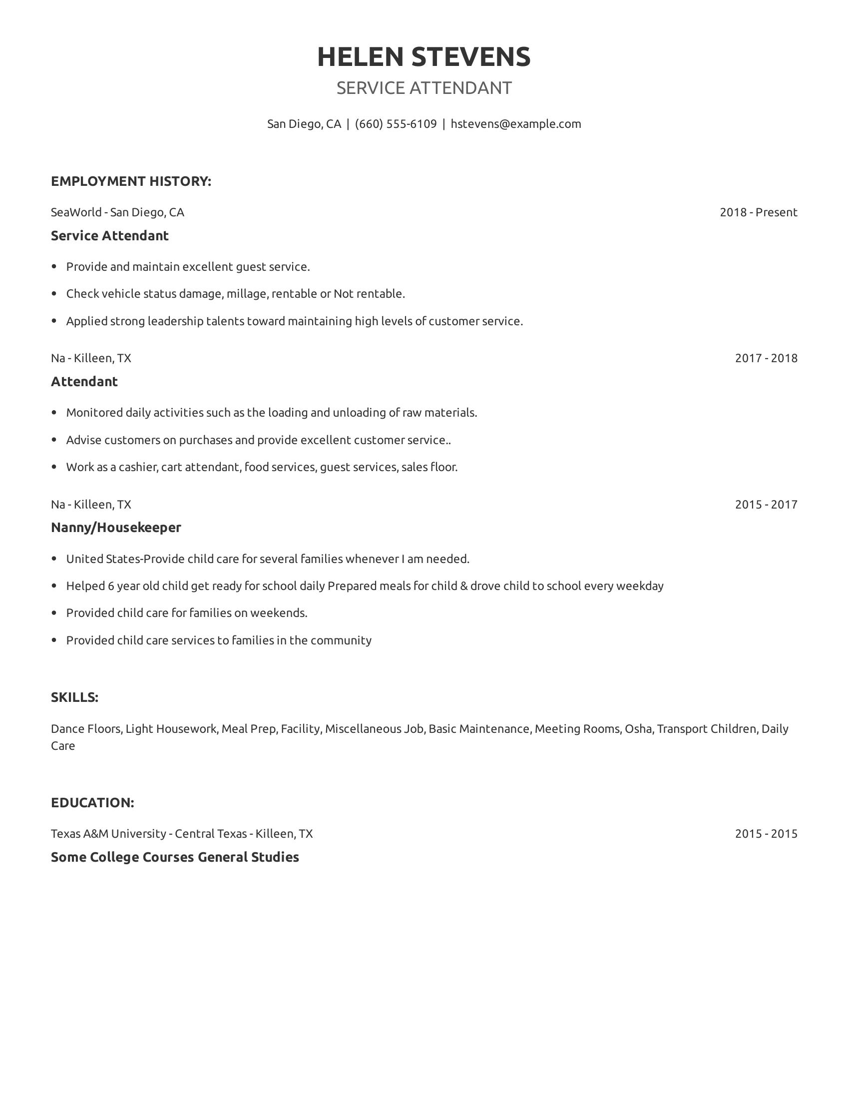 Service Attendant resume example