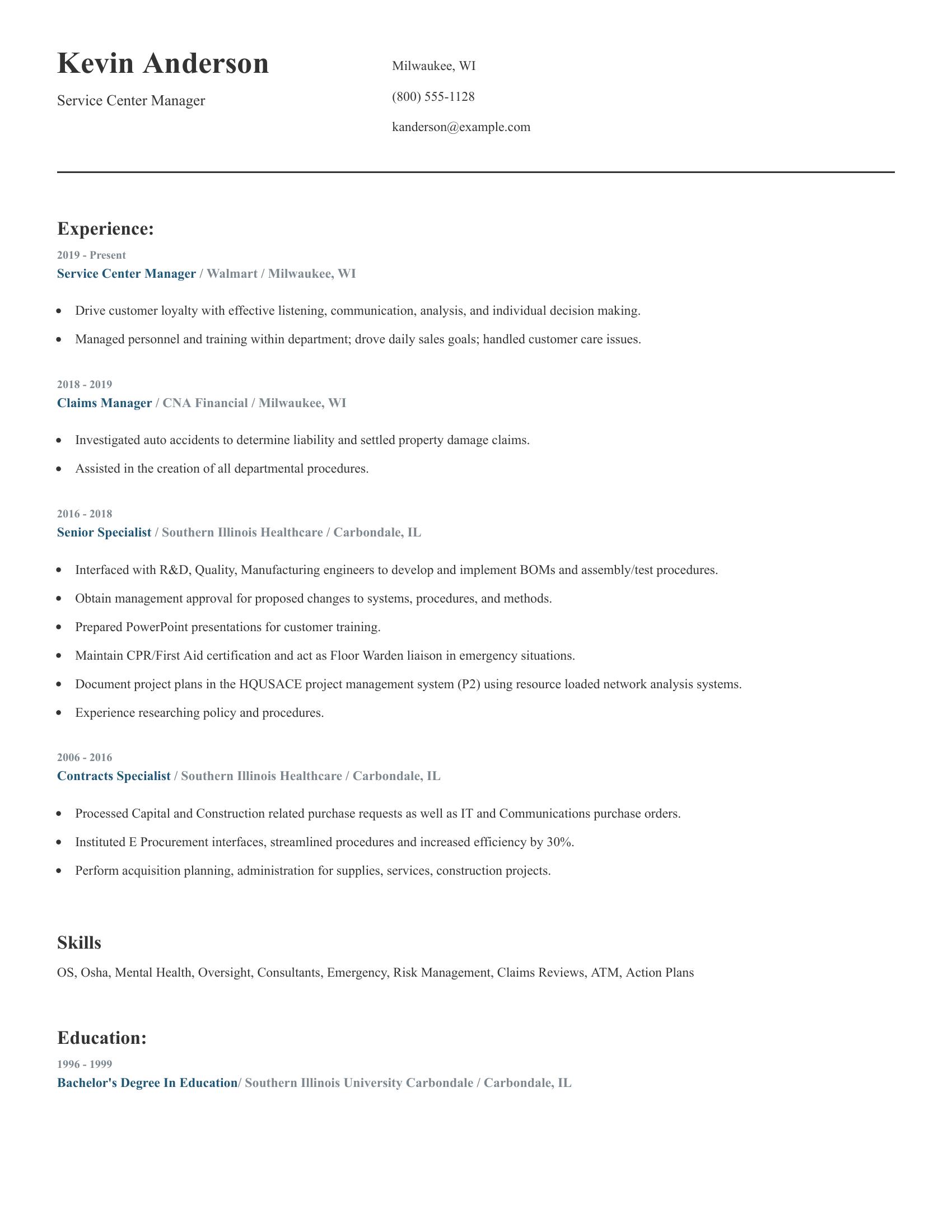 Service Center Manager resume example