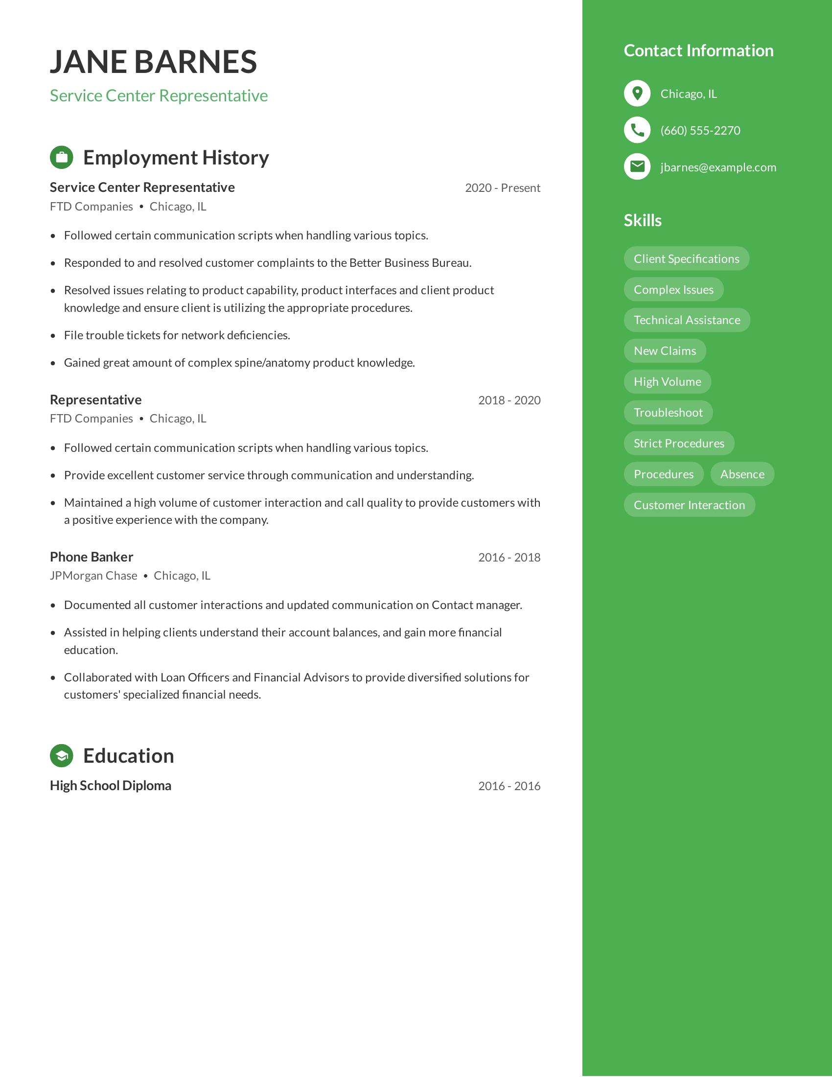 Service Center Representative resume example