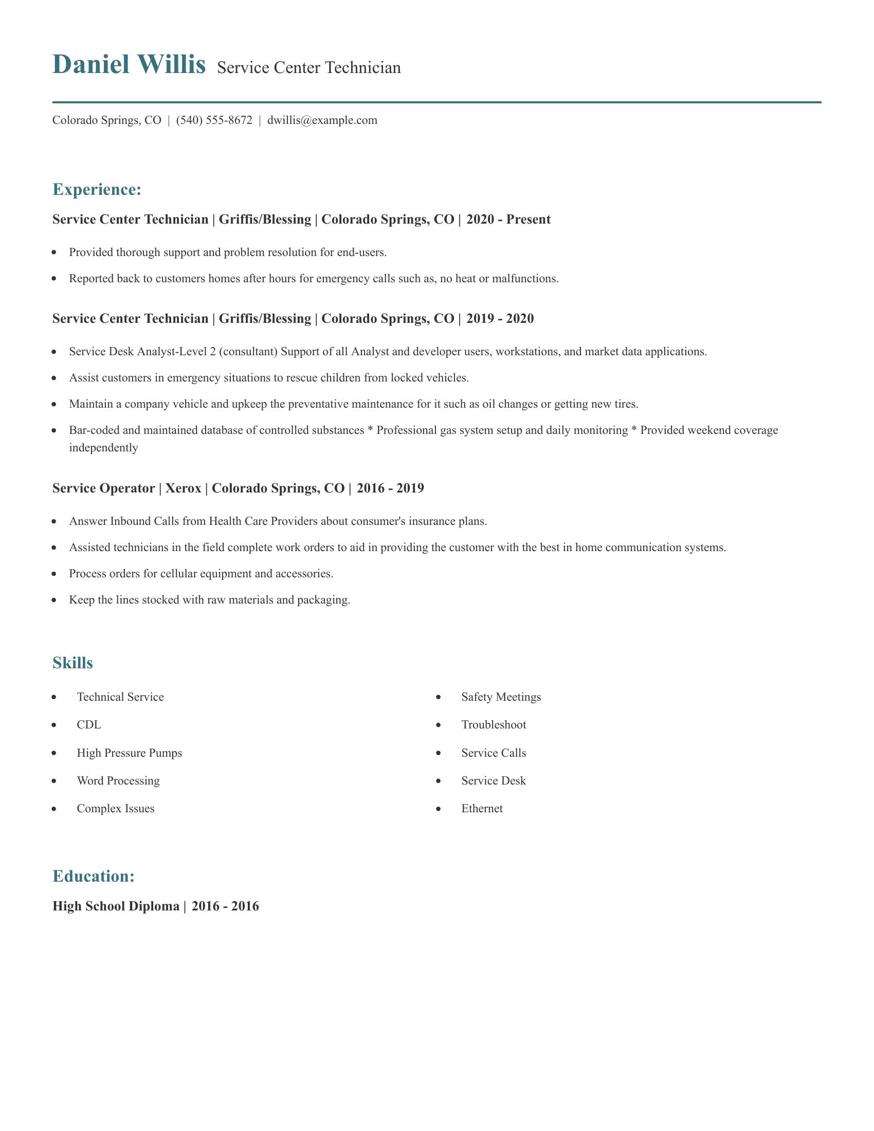 Service Center Technician resume example