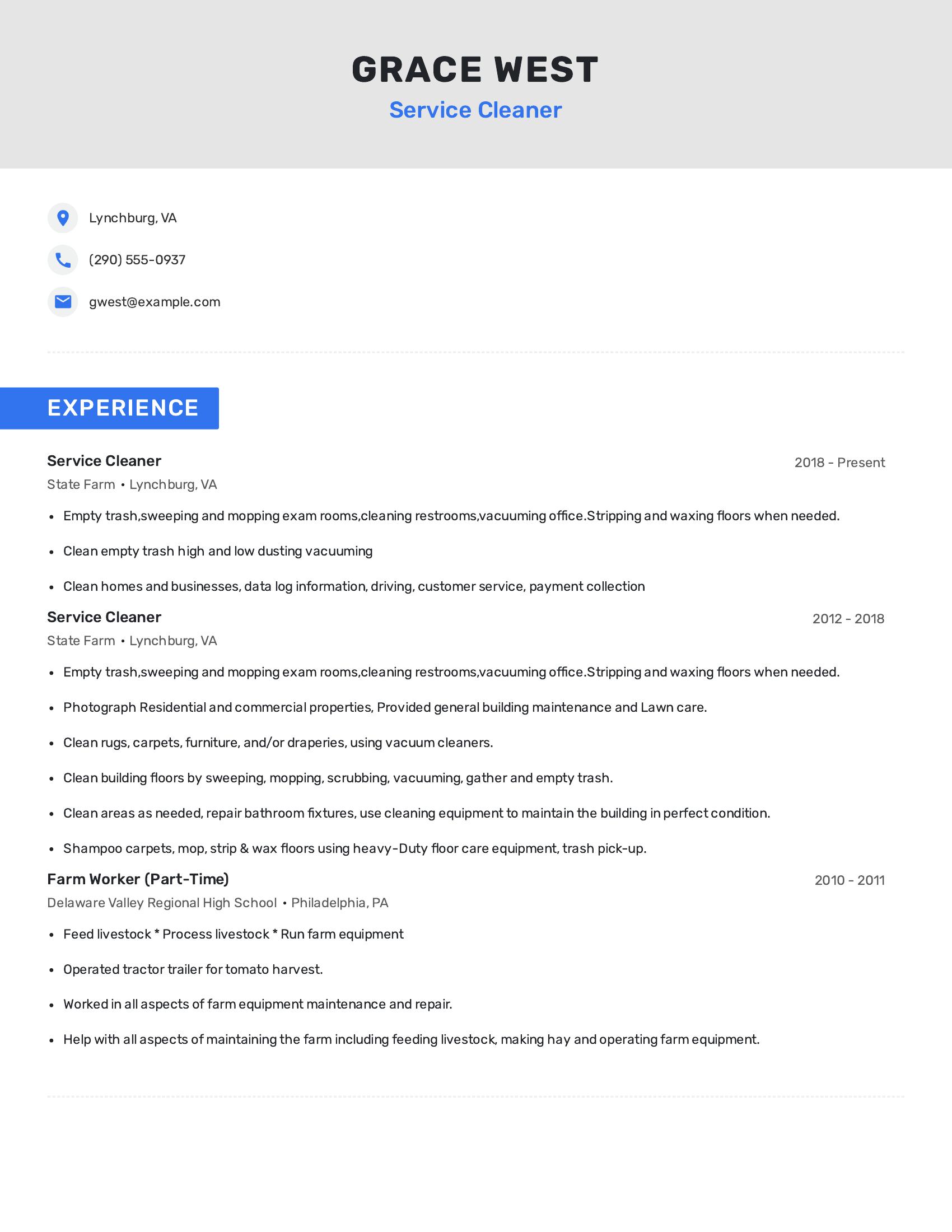 Service Cleaner resume example