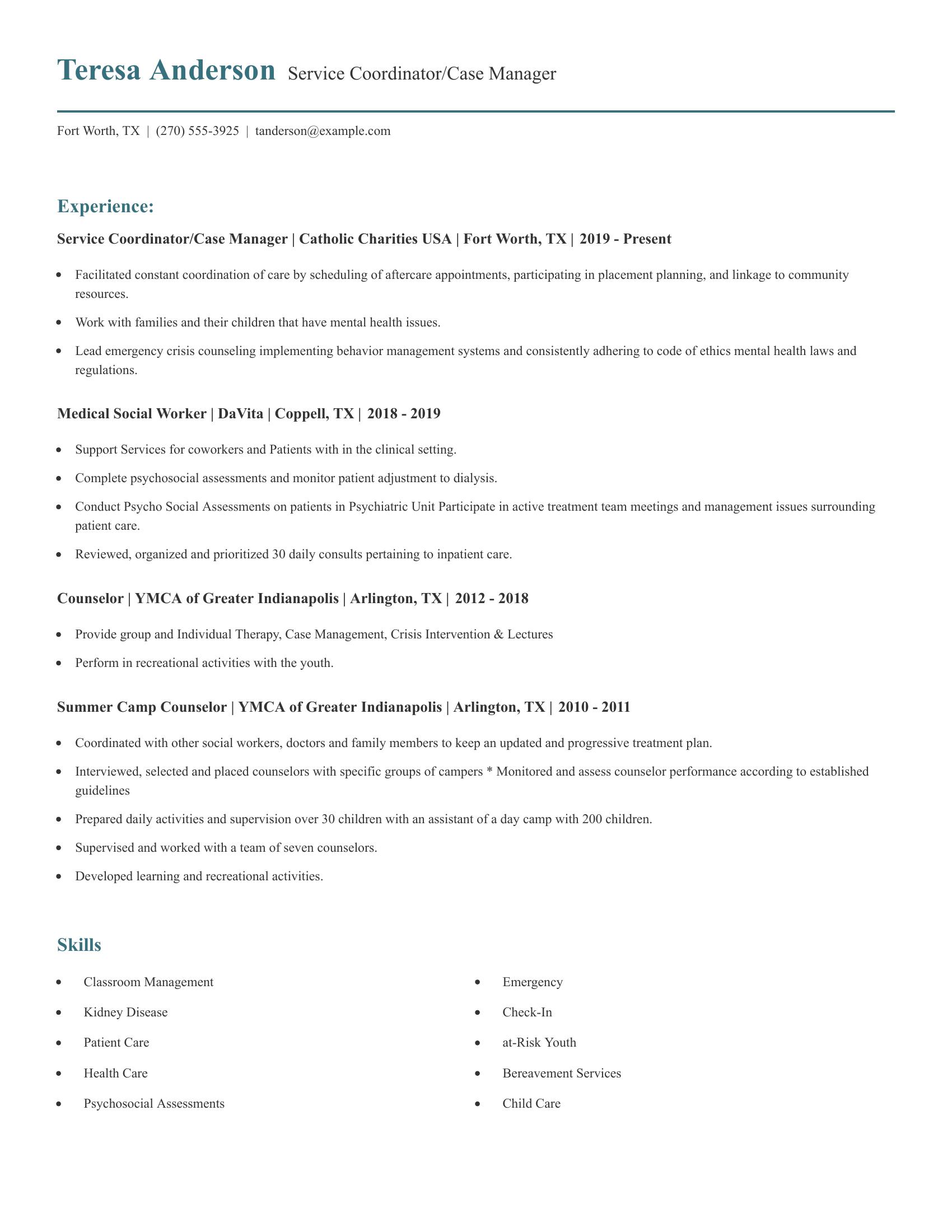 Service Coordinator/Case Manager resume example