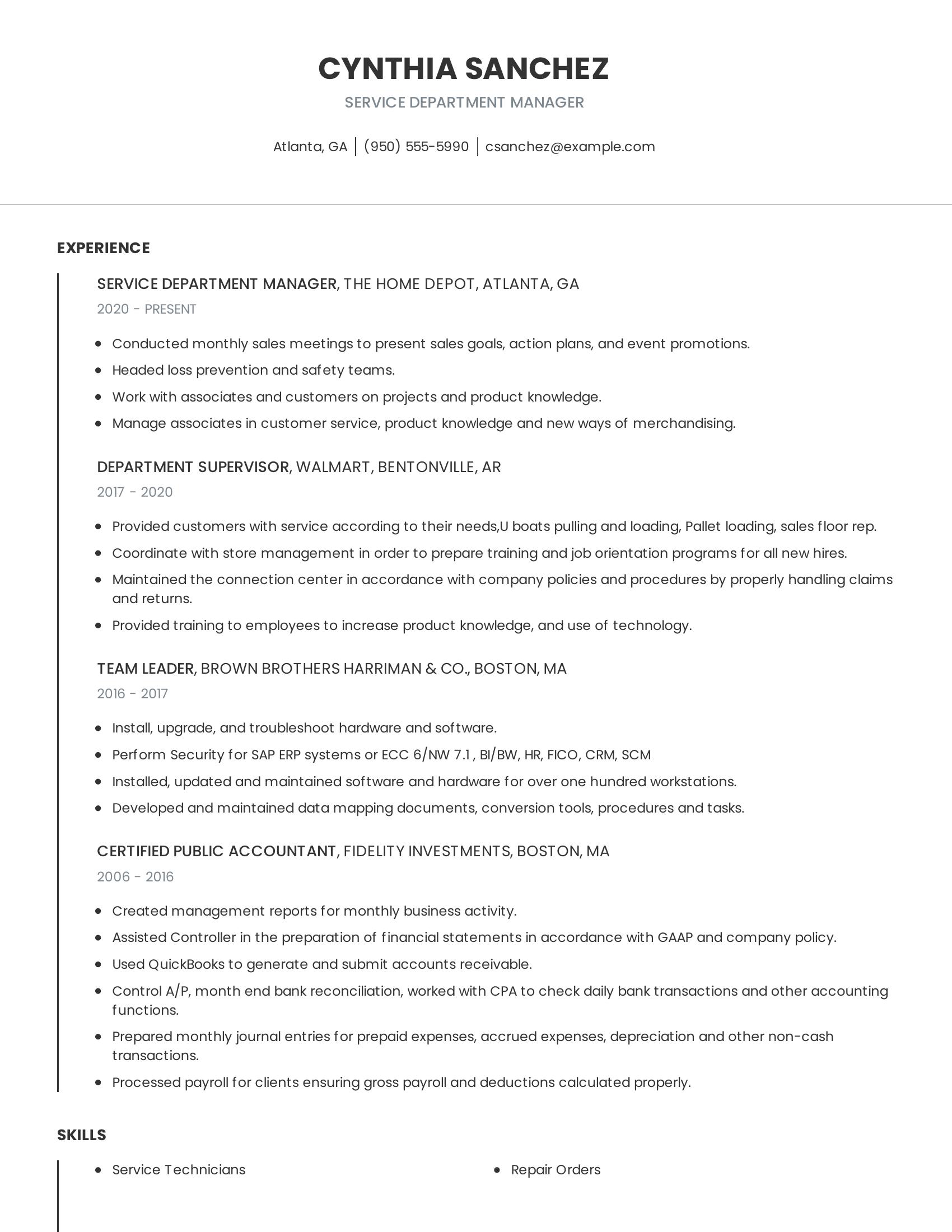 Service Department Manager resume example