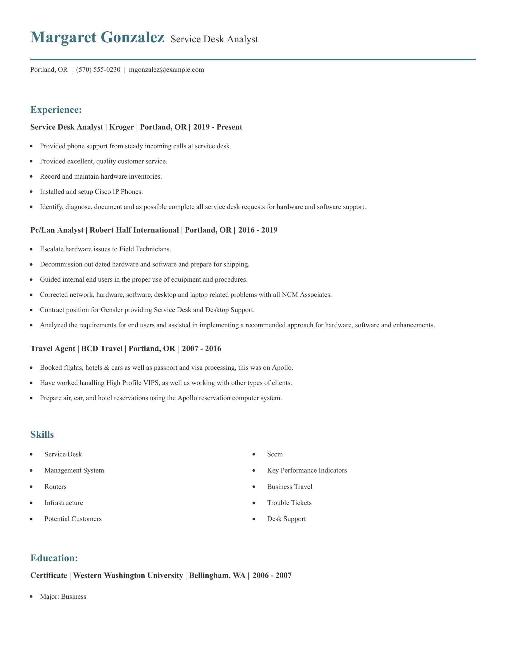 Service Desk Analyst resume example