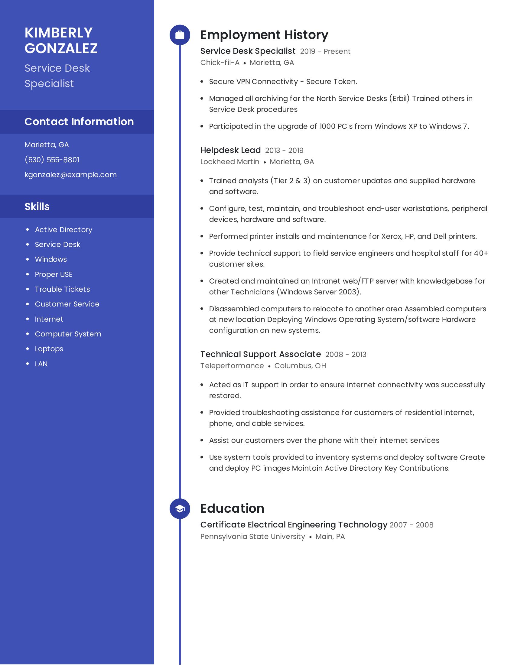 Service Desk Specialist resume example