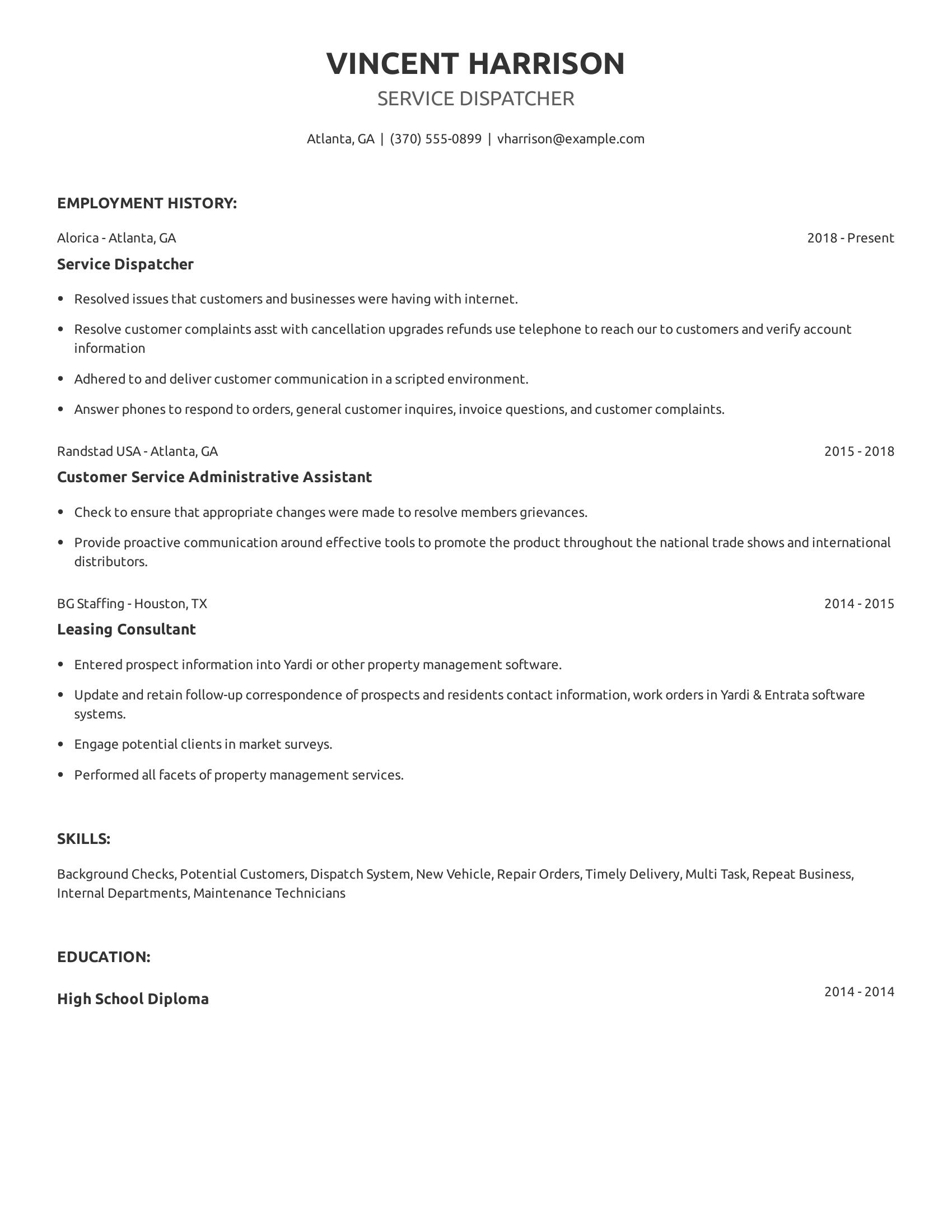 Service Dispatcher resume example