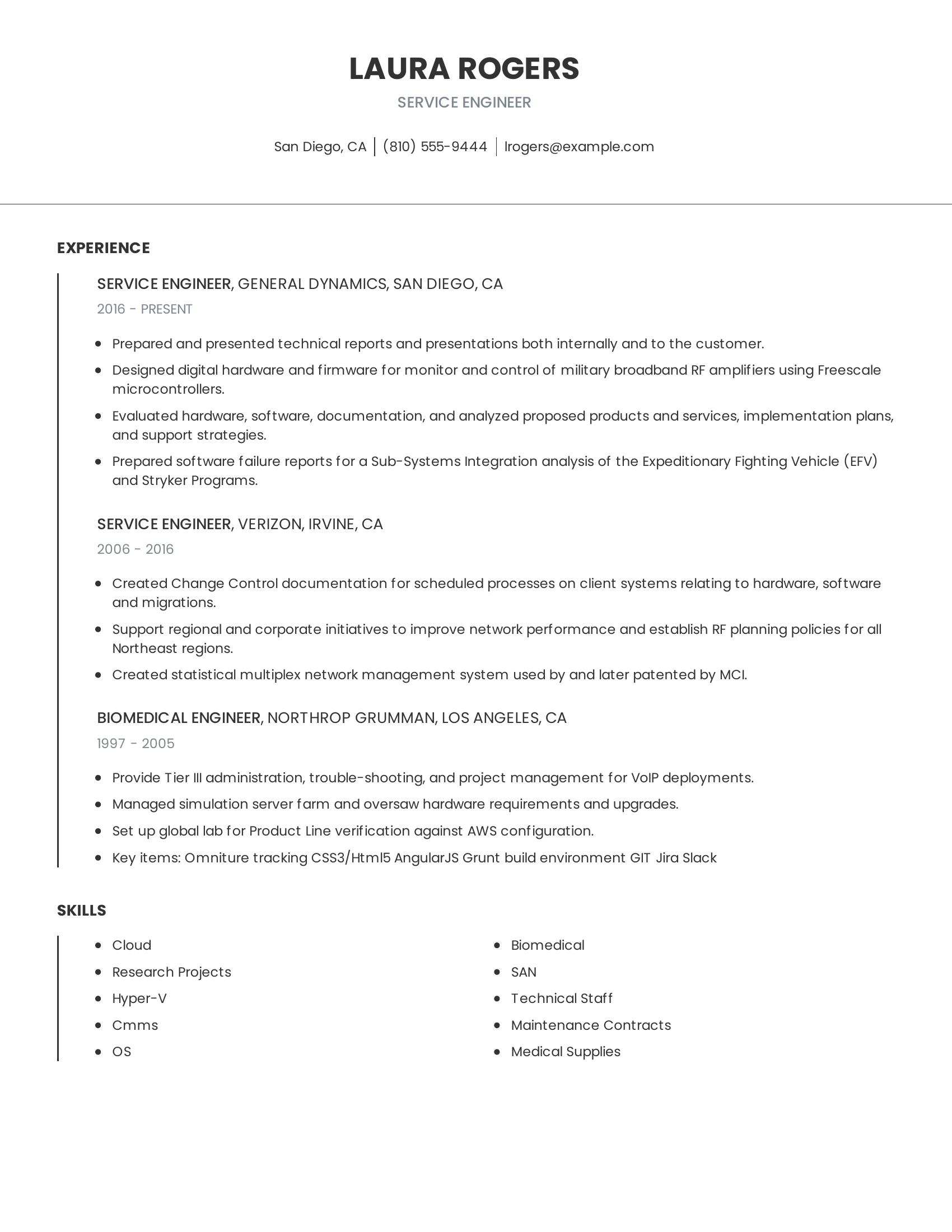 Service Engineer resume example