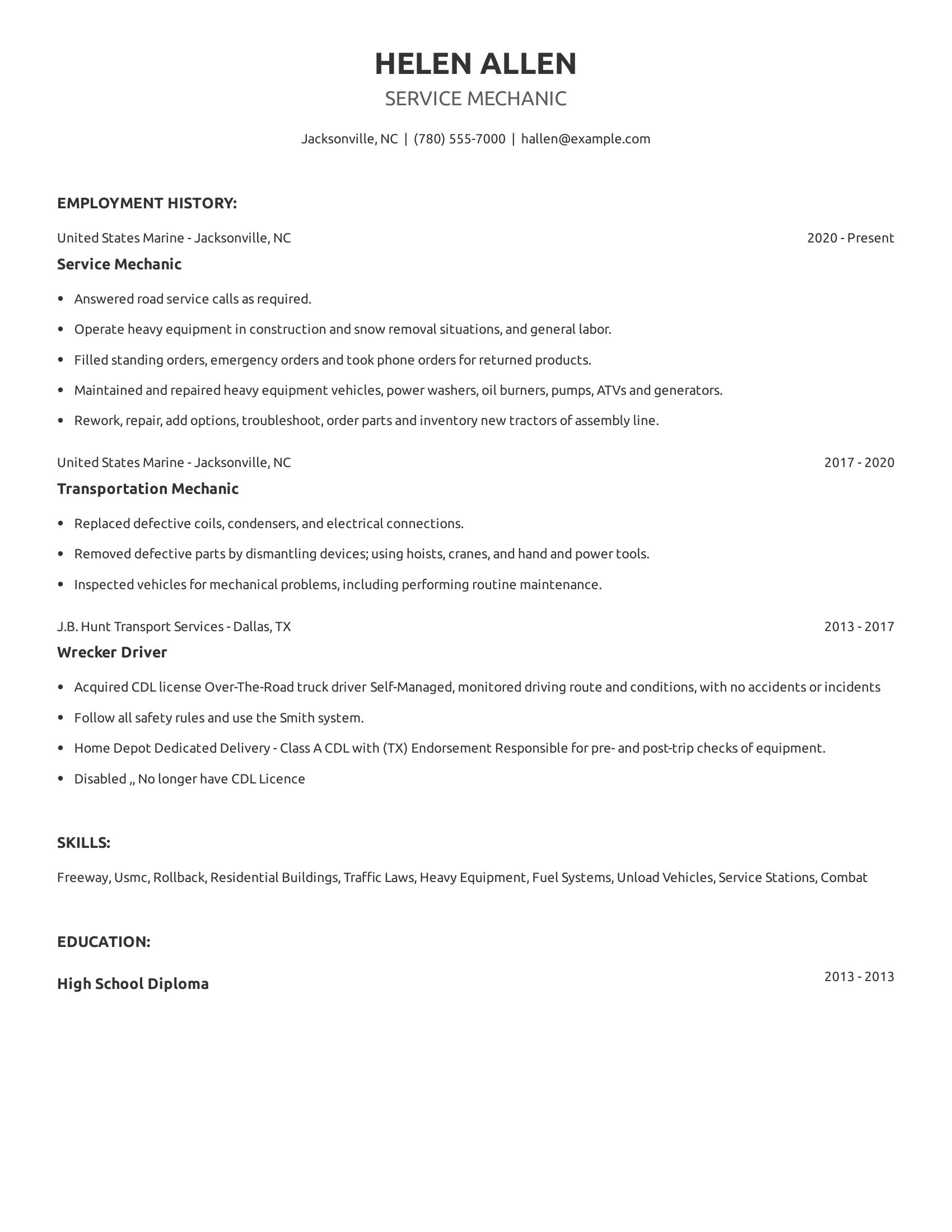 Service Mechanic resume example