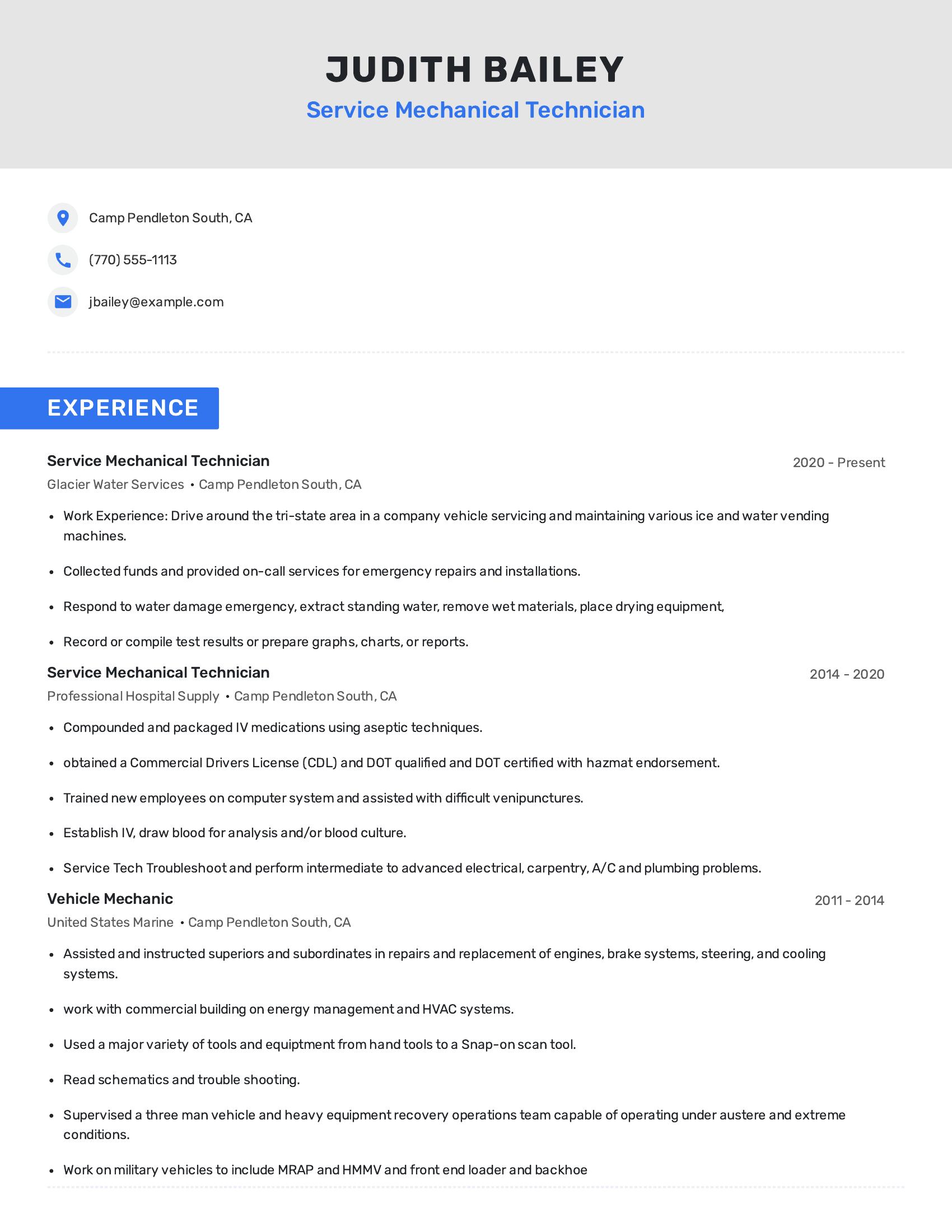 Service Mechanical Technician resume example