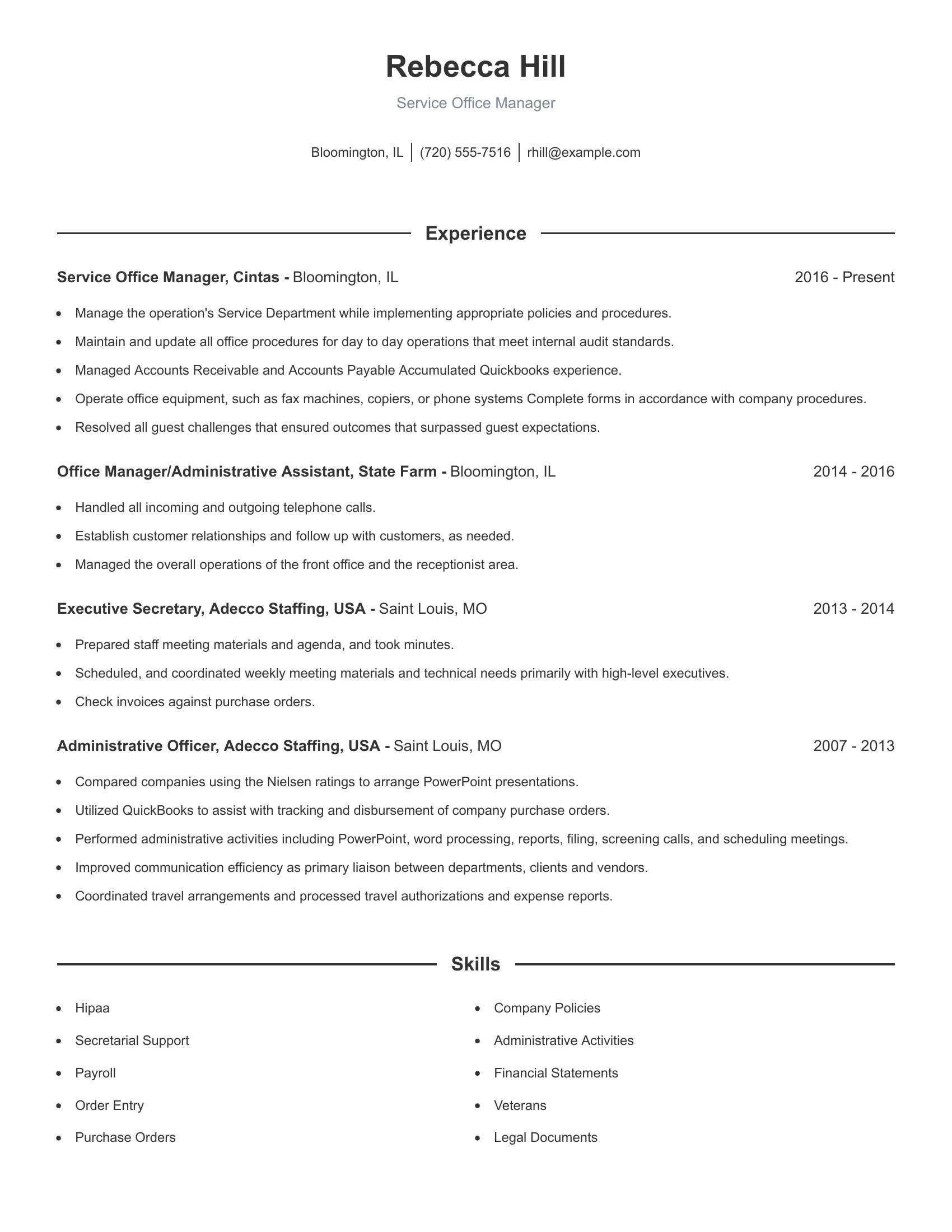 Service Office Manager resume example