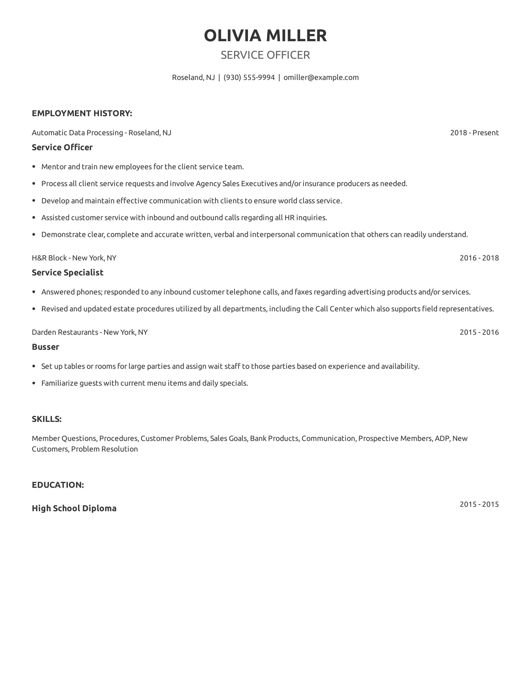 Service Officer resume example