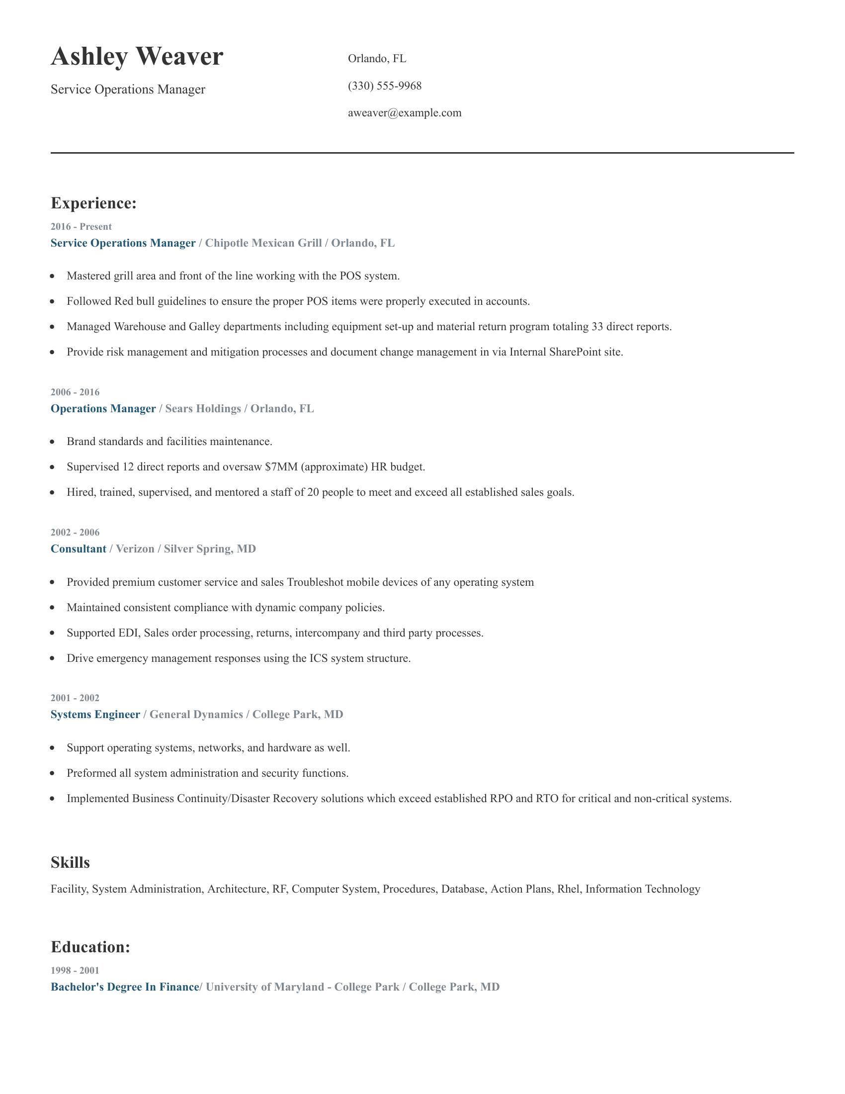 Service Operations Manager resume example