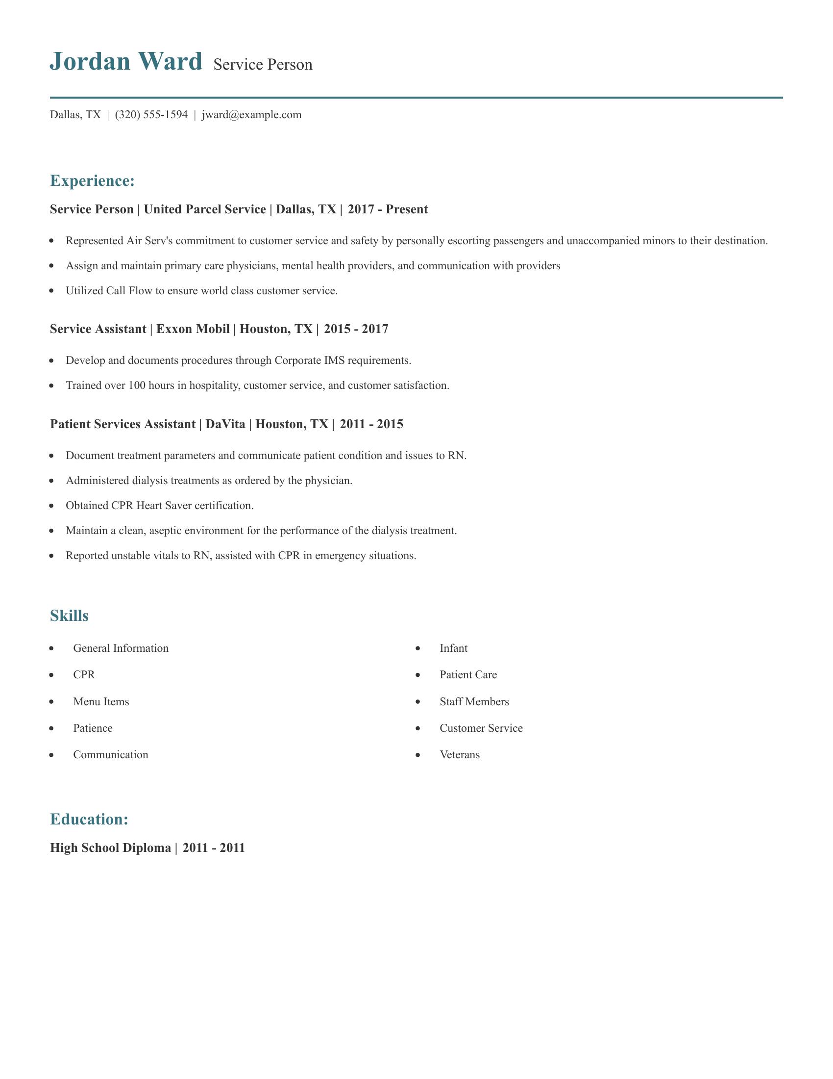 Service Person resume example