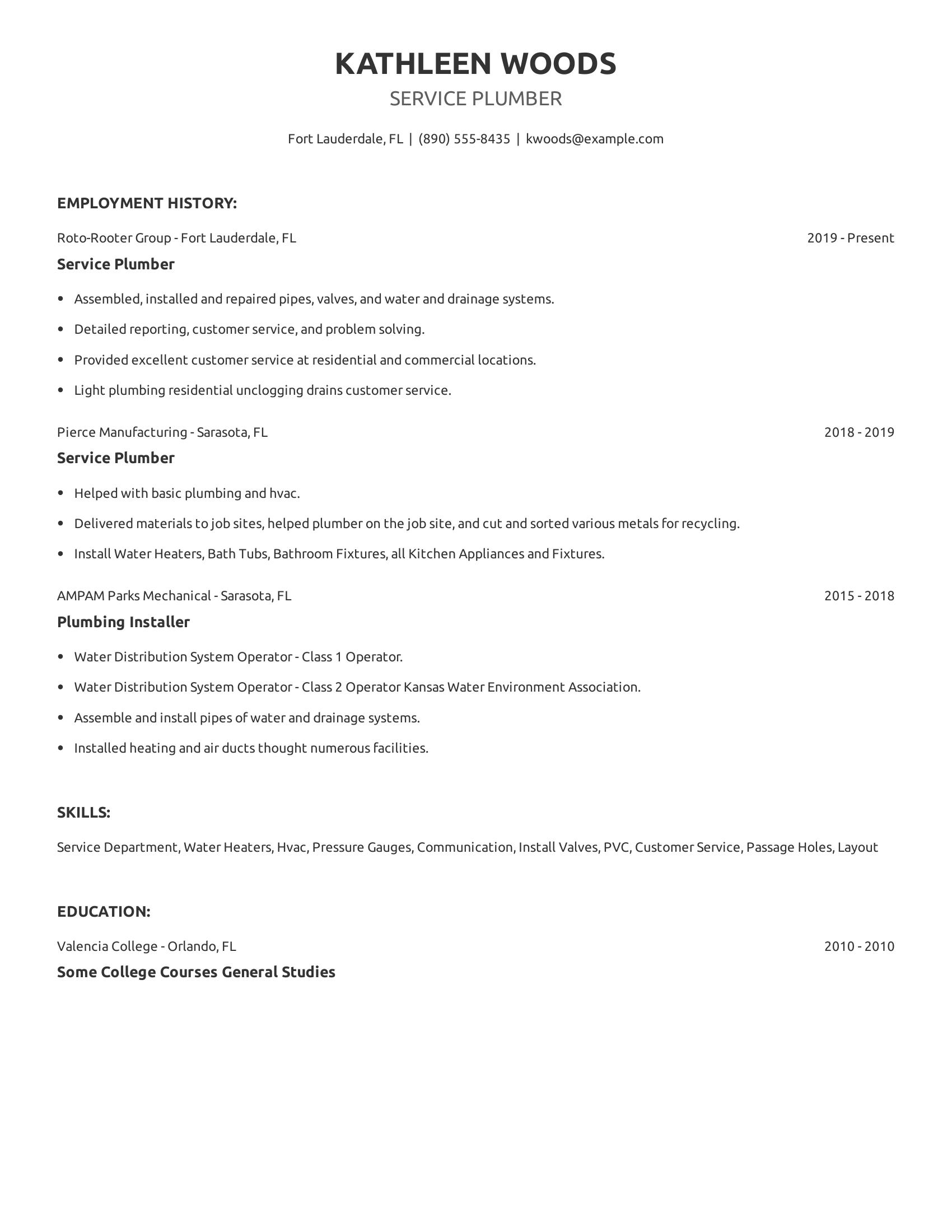 Service Plumber resume example