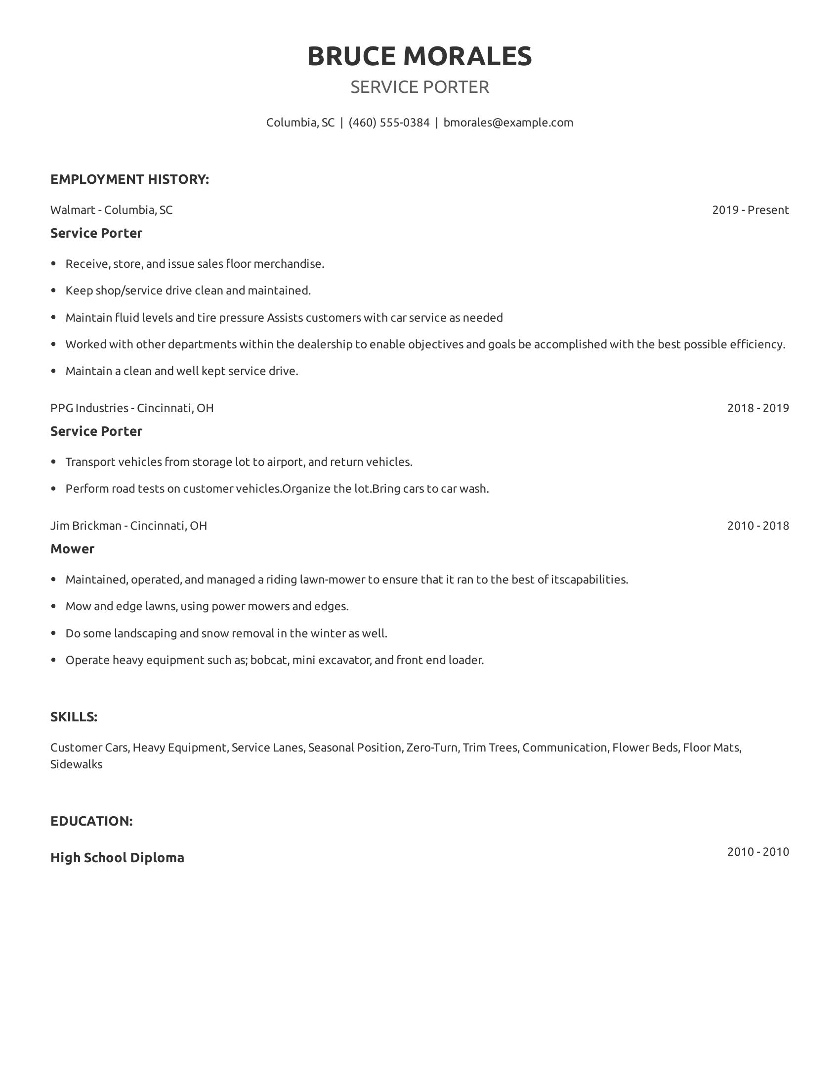 Service Porter resume example